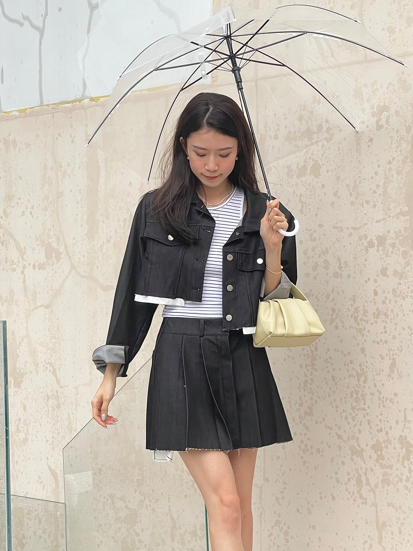 Denim Like Pleated Jacket & Skirt Set