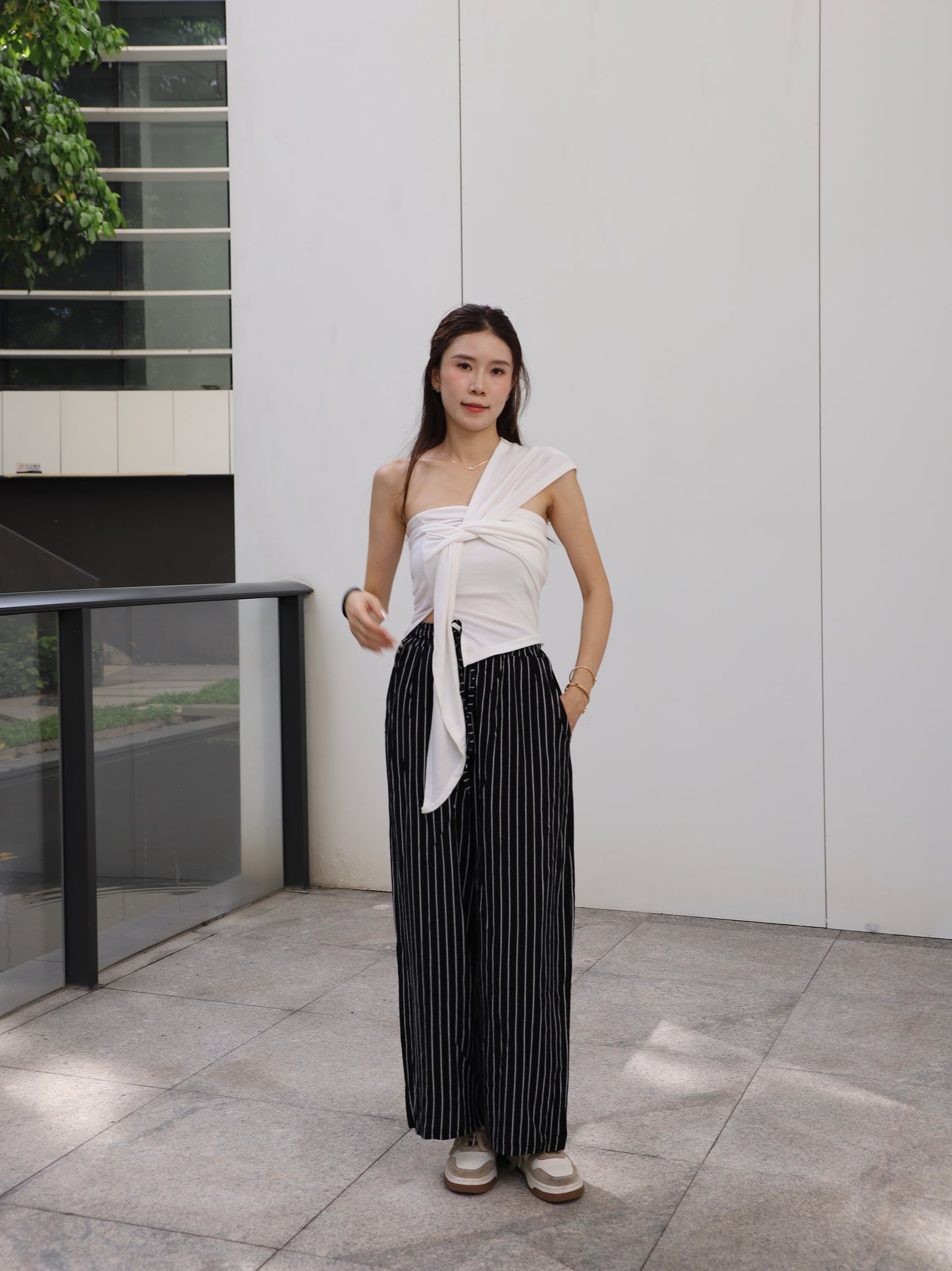 Ribbon Cross Shoulder Cotton T Top