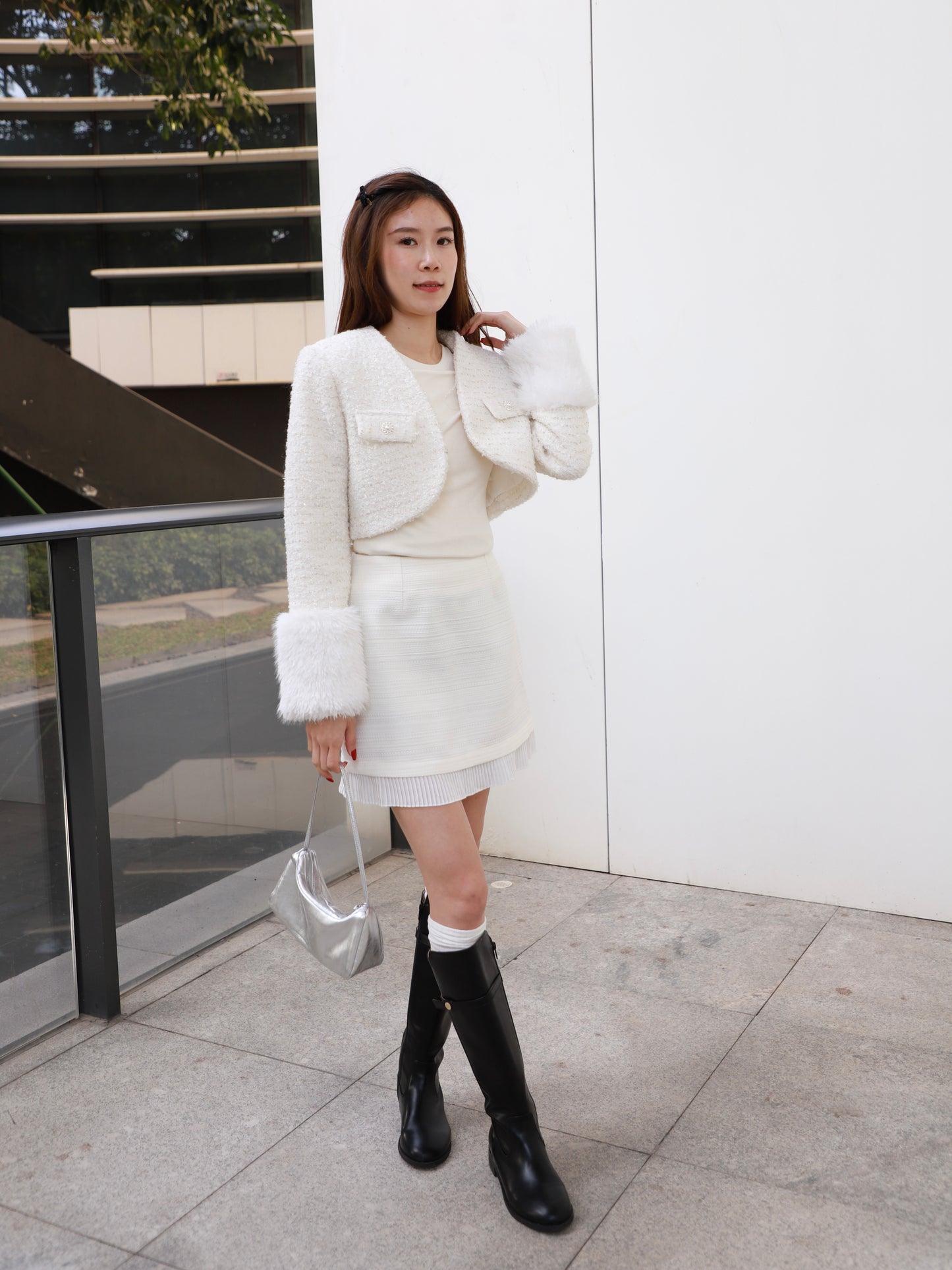 Fluffy Sleeves Cropped Tweed Jacket