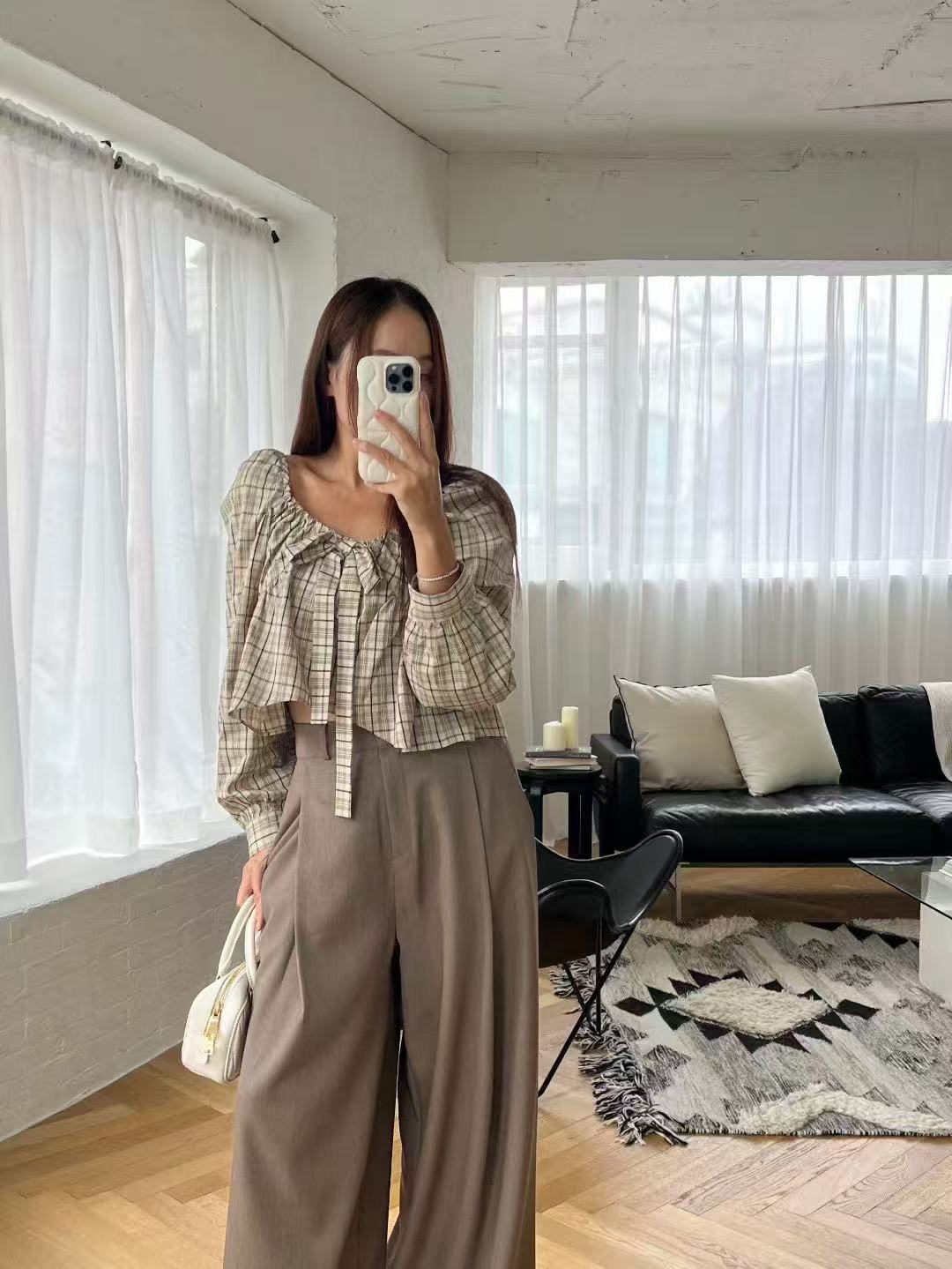 Checked Chiffon Long Sleeves Top