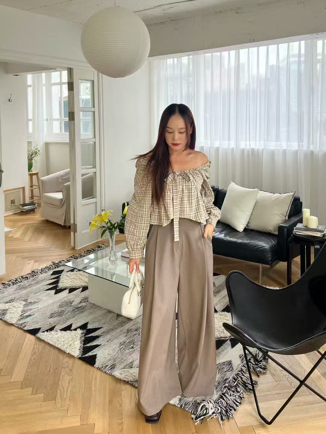 Checked Chiffon Long Sleeves Top