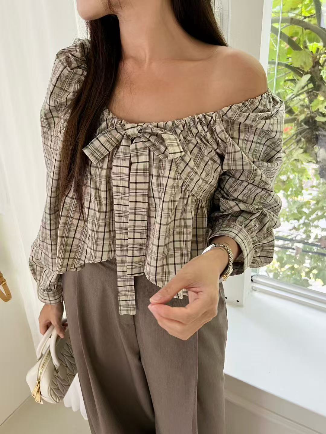 Checked Chiffon Long Sleeves Top
