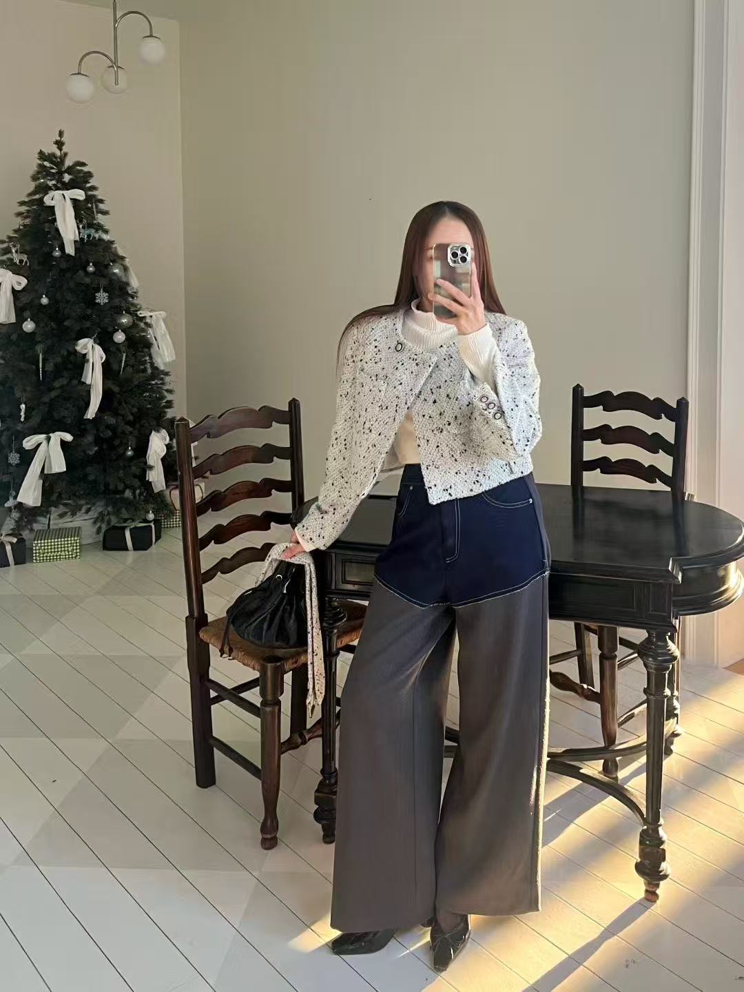 Half Cut Denim Mix Chiffon Pants