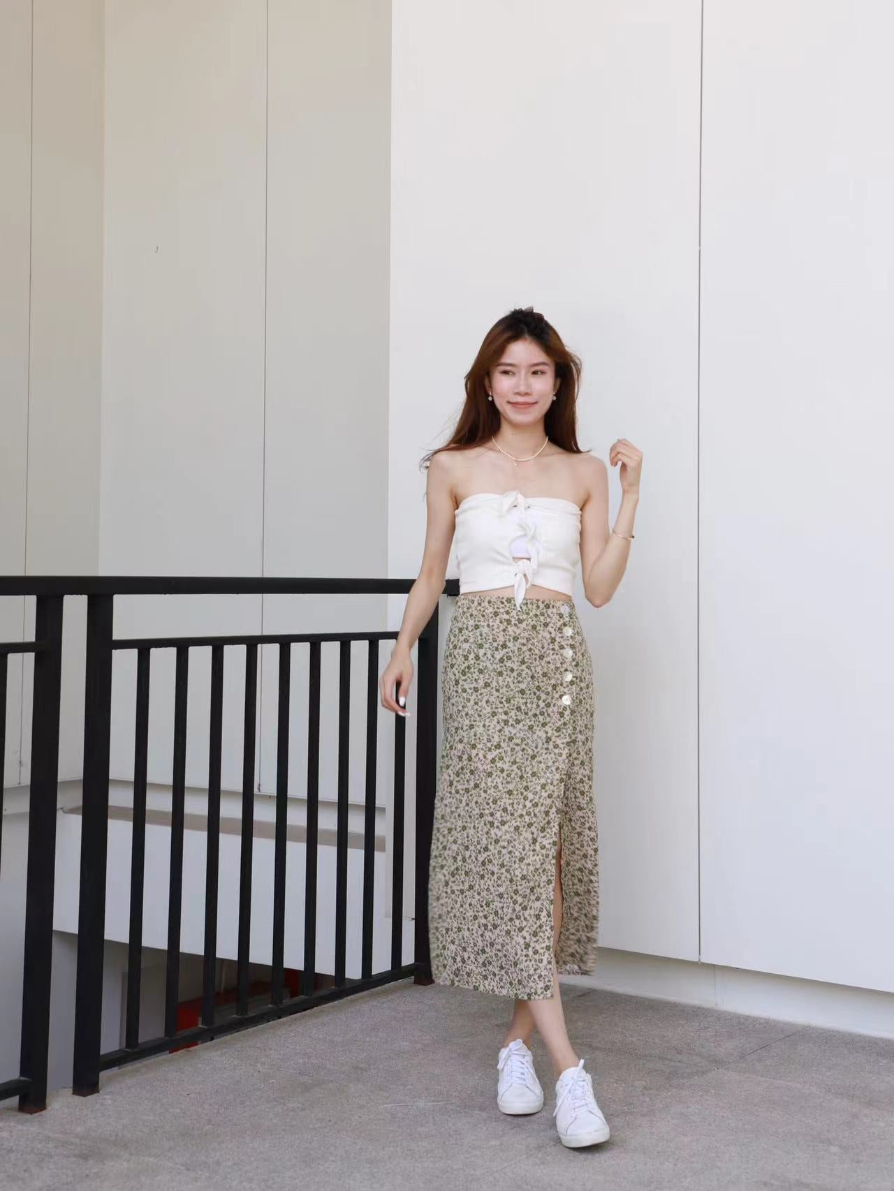 Green Floral Slit Maxi Skirt
