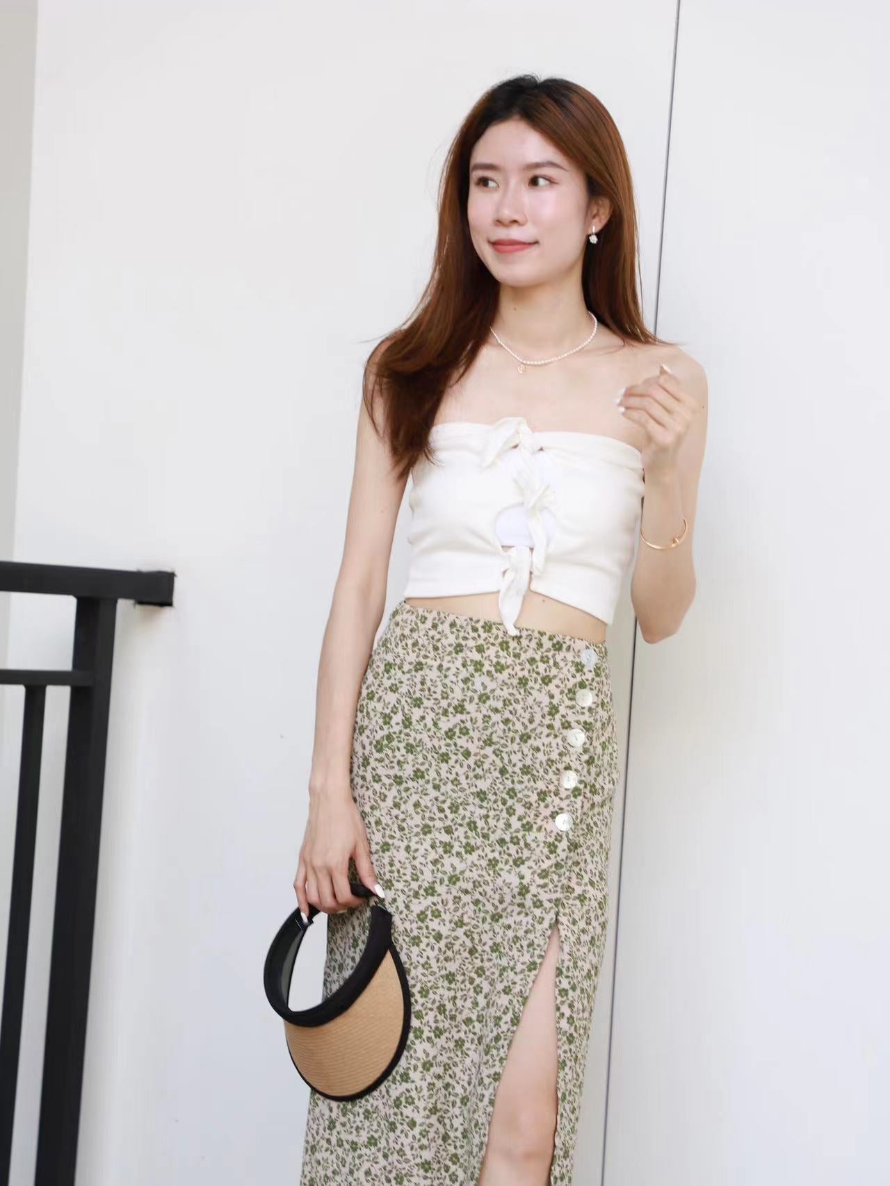 Green Floral Slit Maxi Skirt