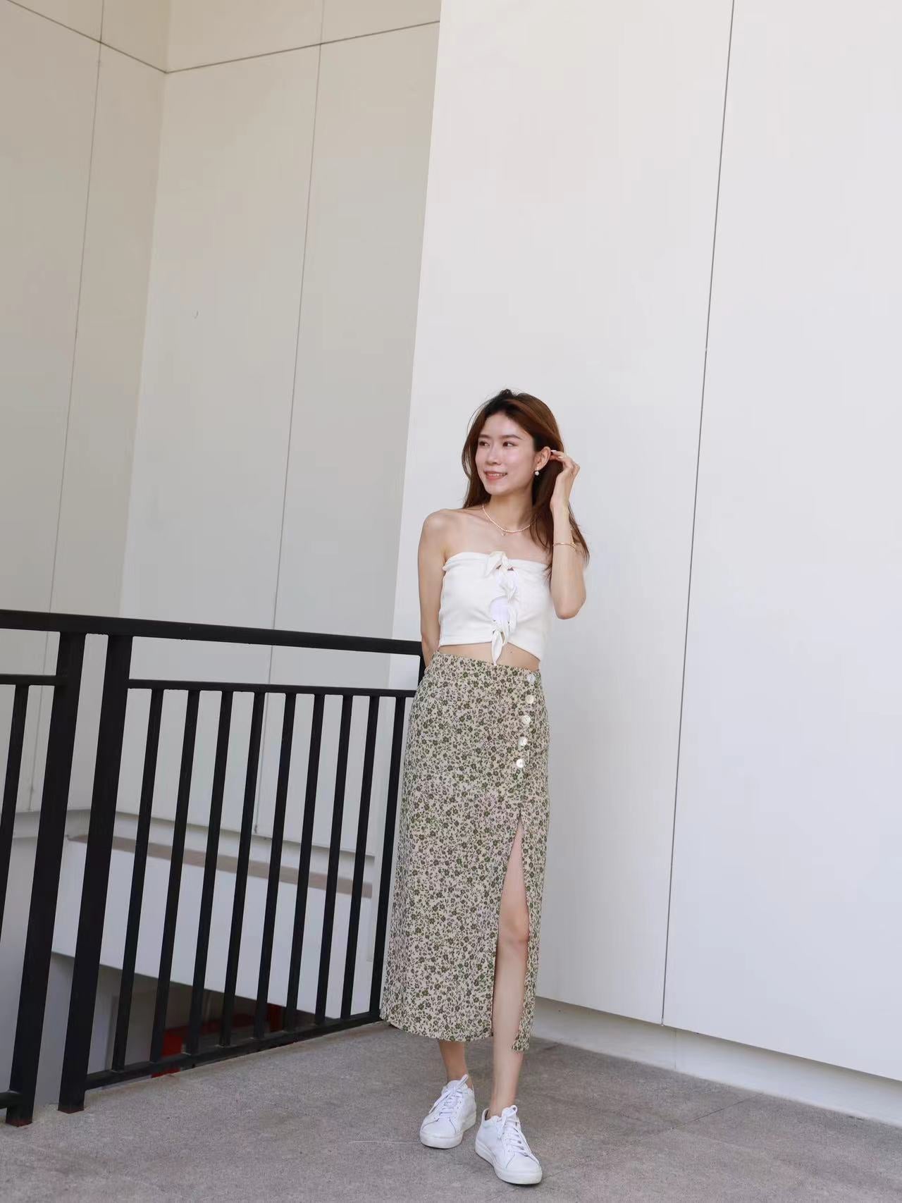 Green Floral Slit Maxi Skirt