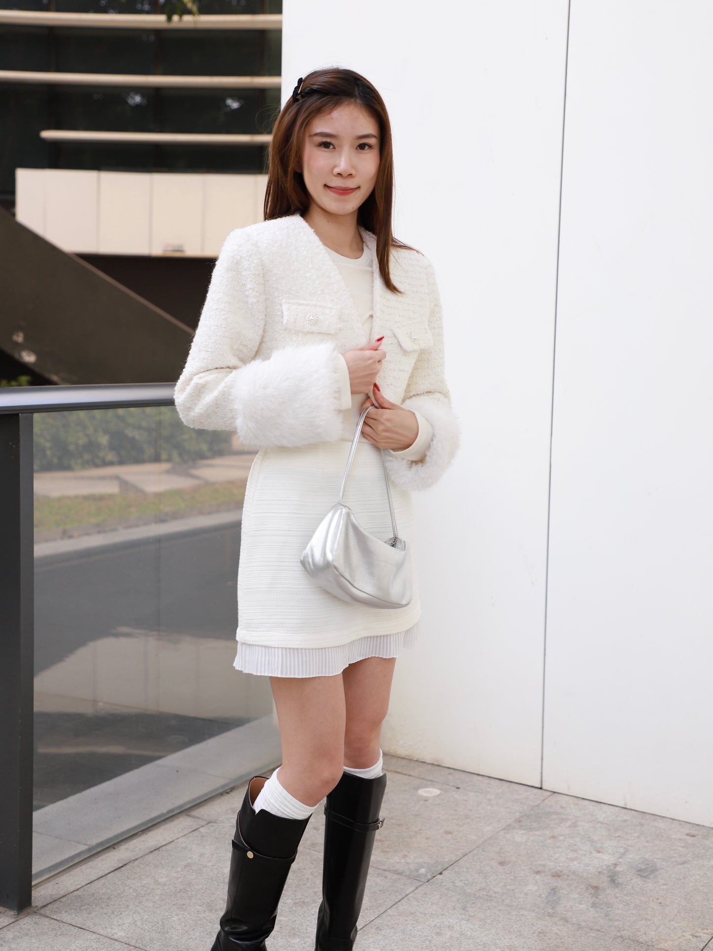 Fluffy Sleeves Cropped Tweed Jacket