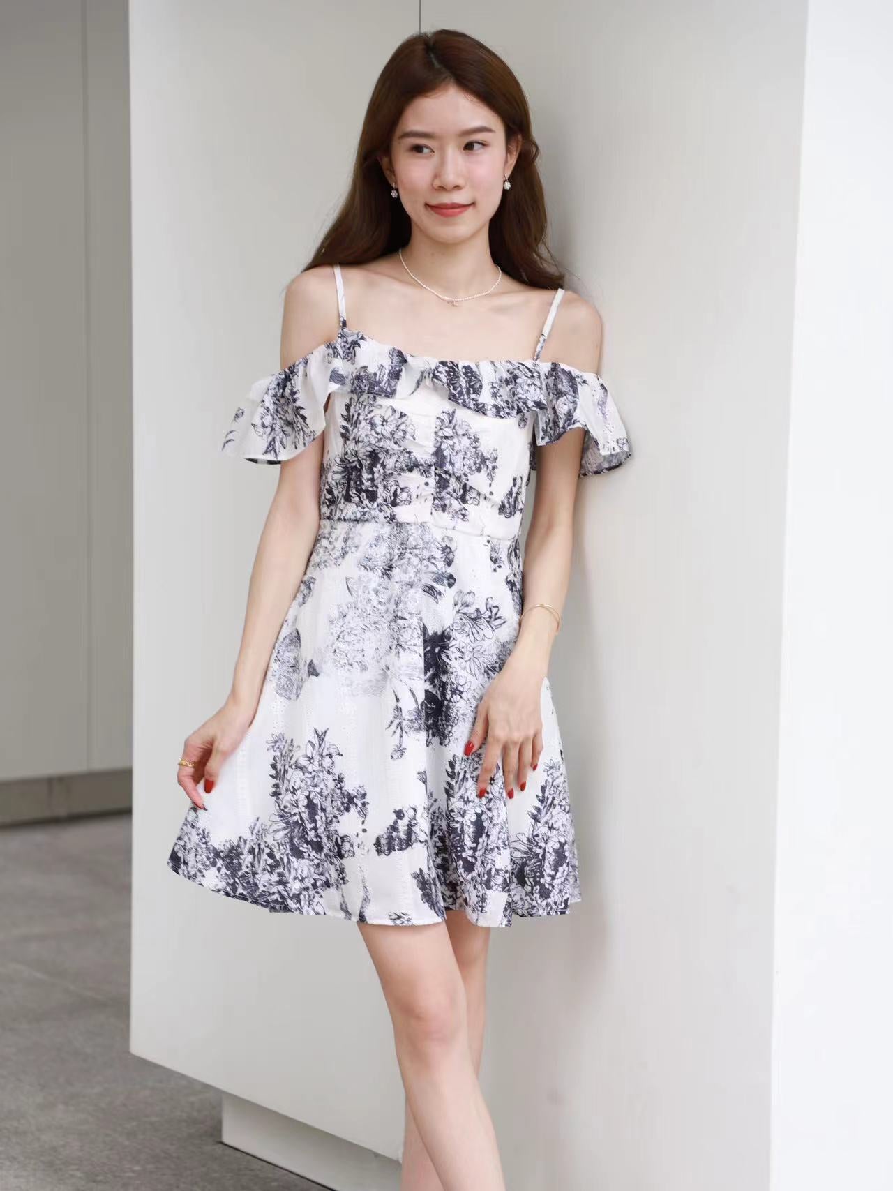 Floral Navy Print Off Shoulder Mini Dress