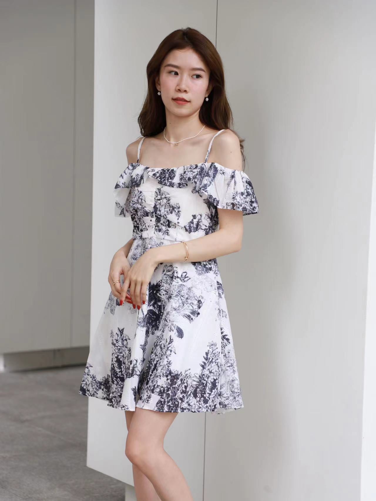 Floral Navy Print Off Shoulder Mini Dress