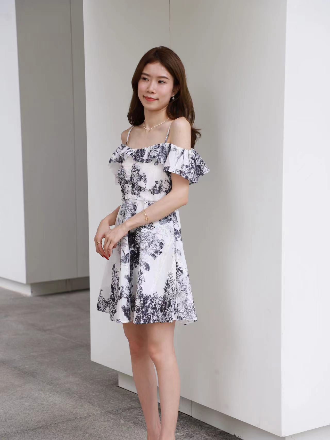 Floral Navy Print Off Shoulder Mini Dress