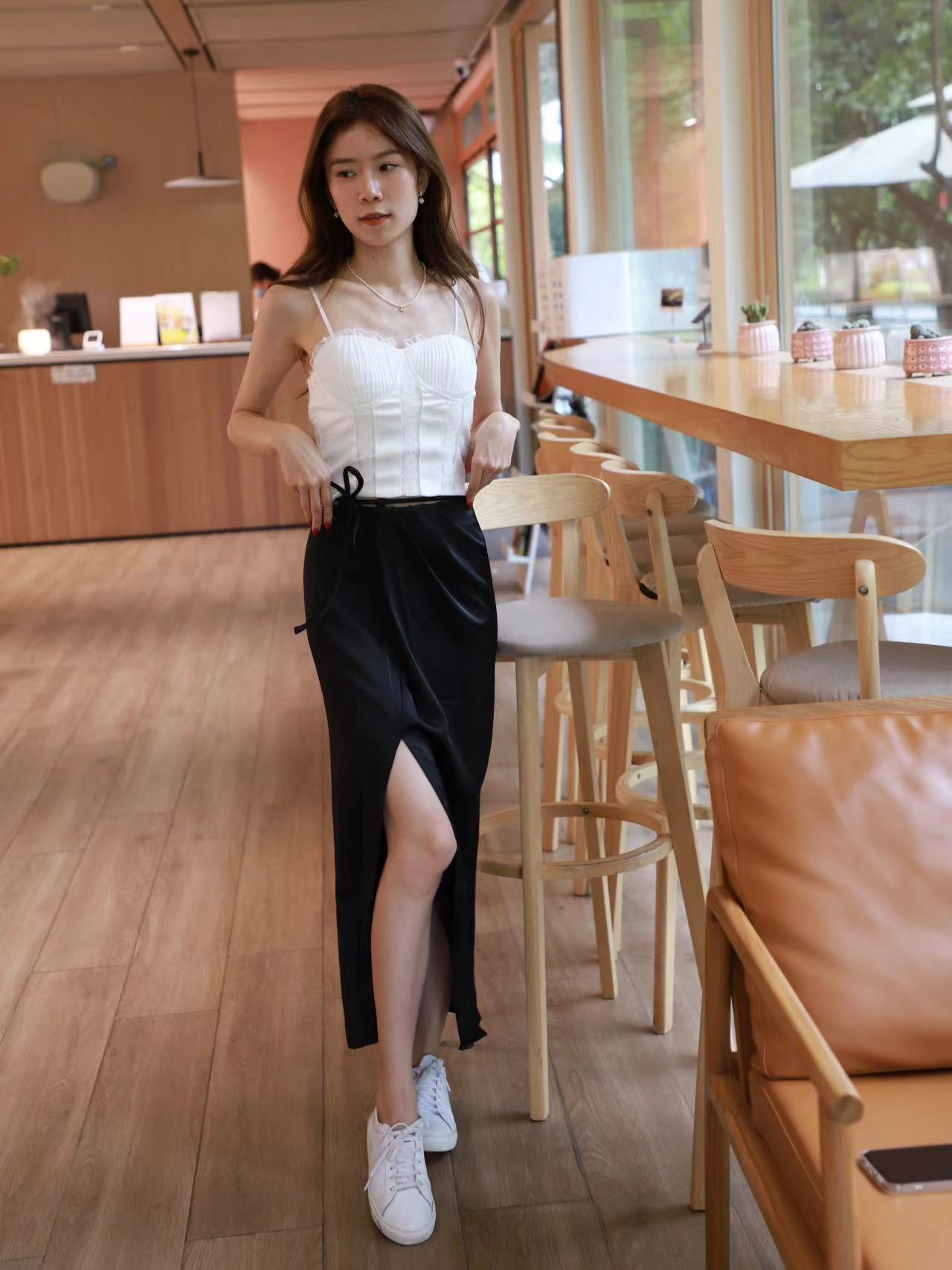 Cross Waist Slit Silk Skirt