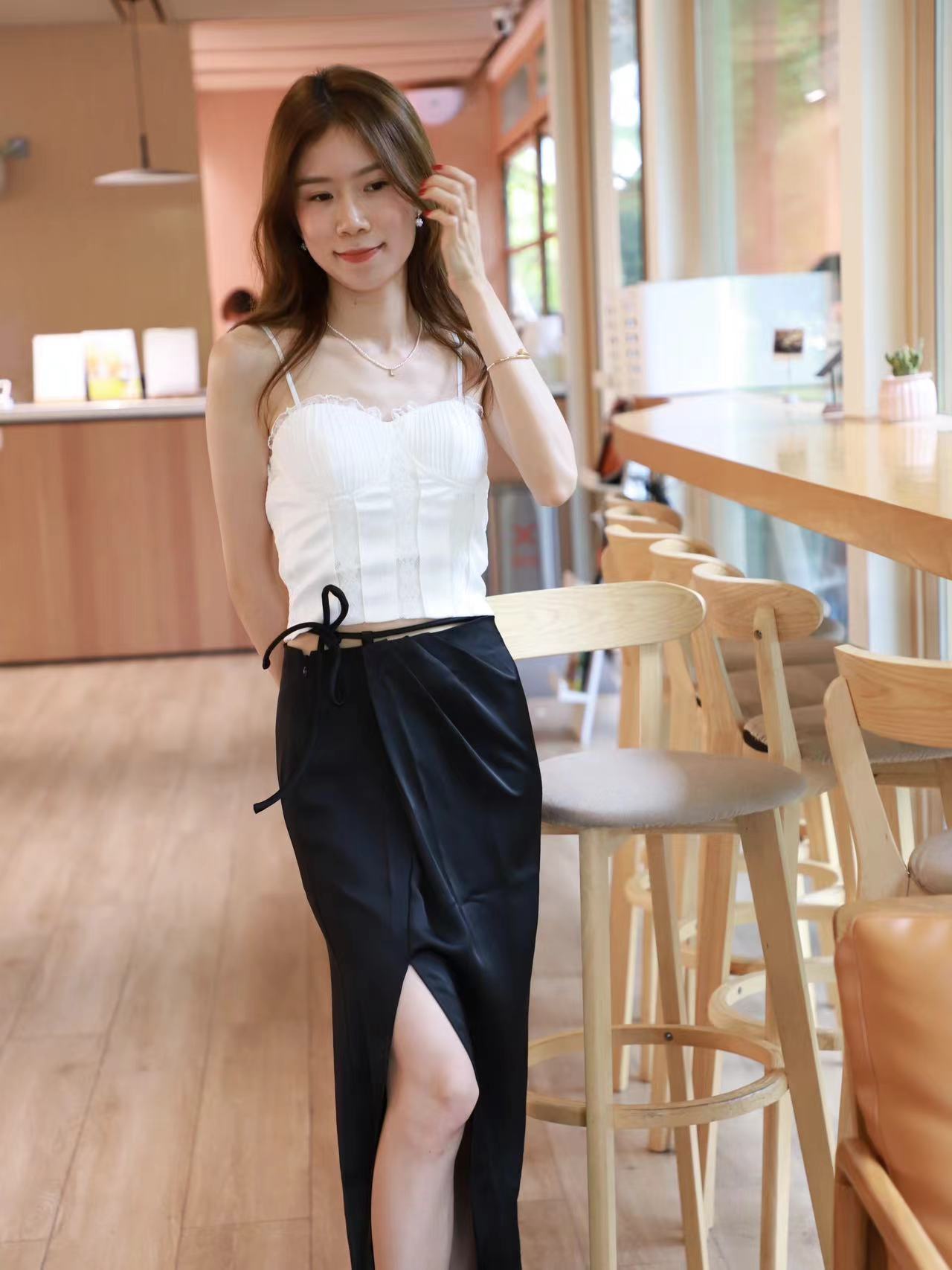 Cross Waist Slit Silk Skirt
