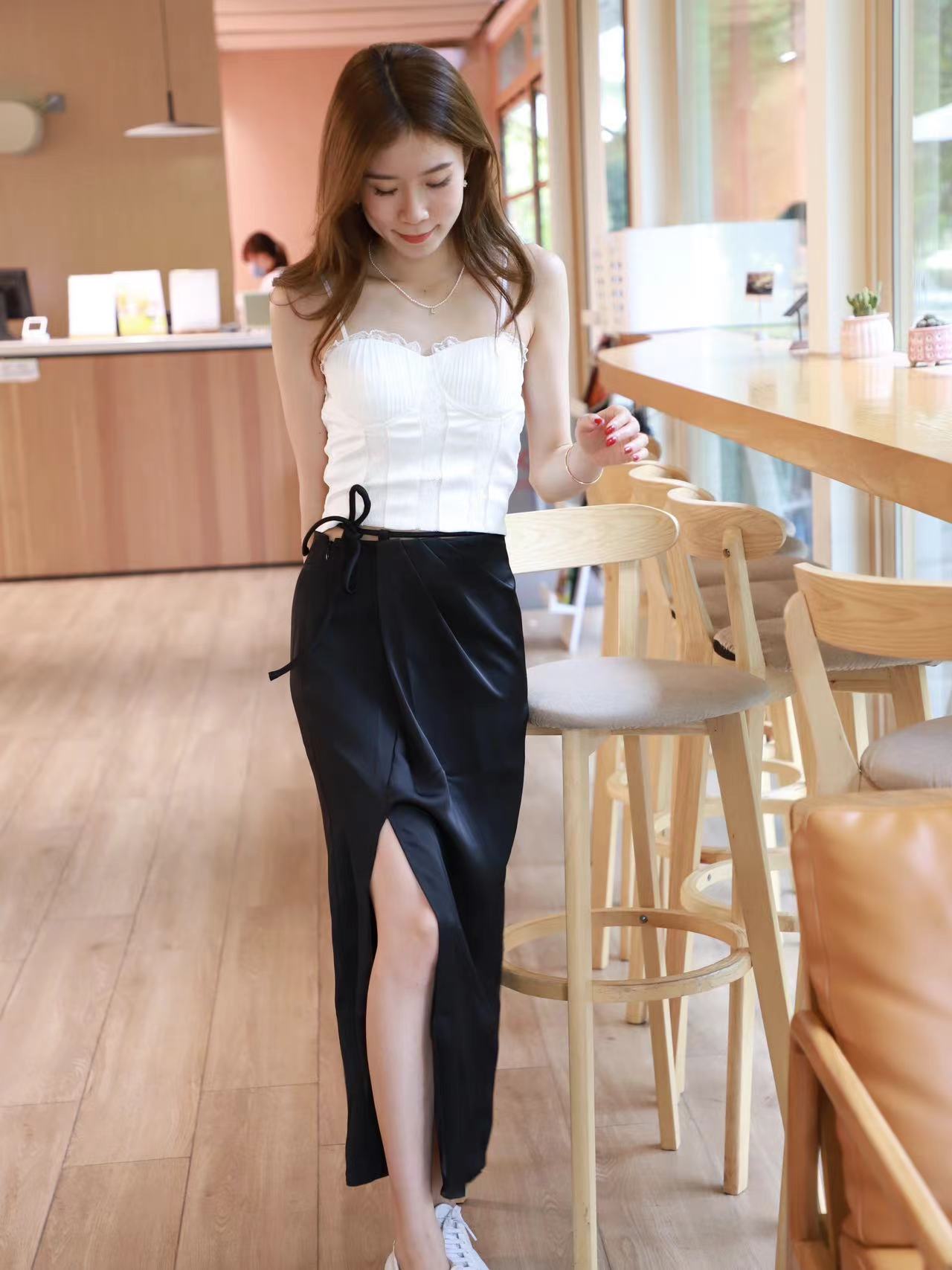 Cross Waist Slit Silk Skirt