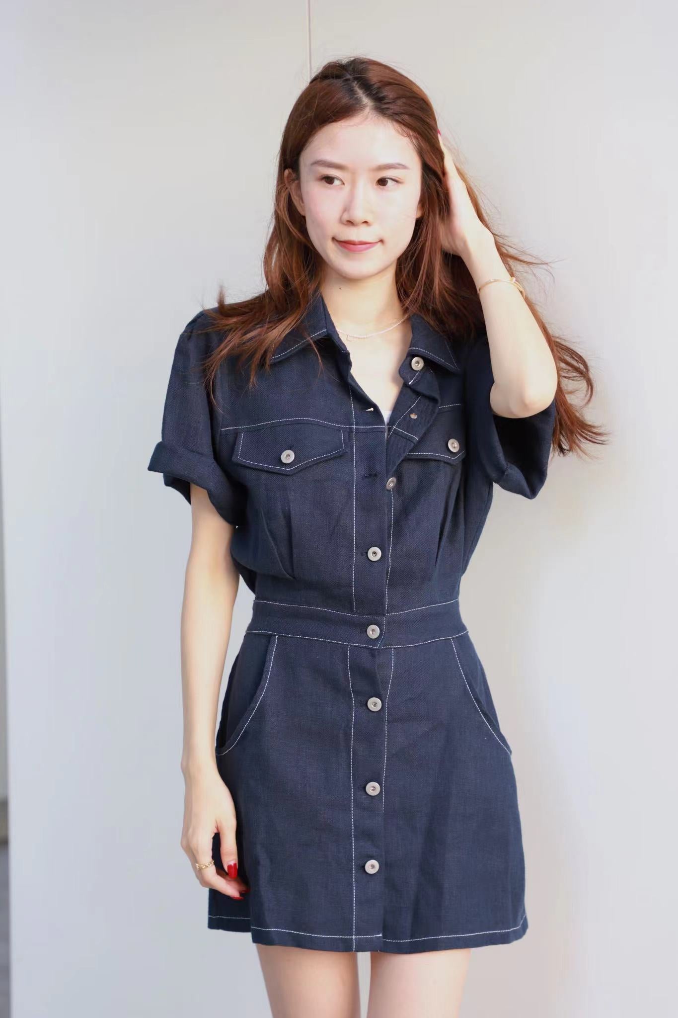 Outline Linen Button Up Mini Dress