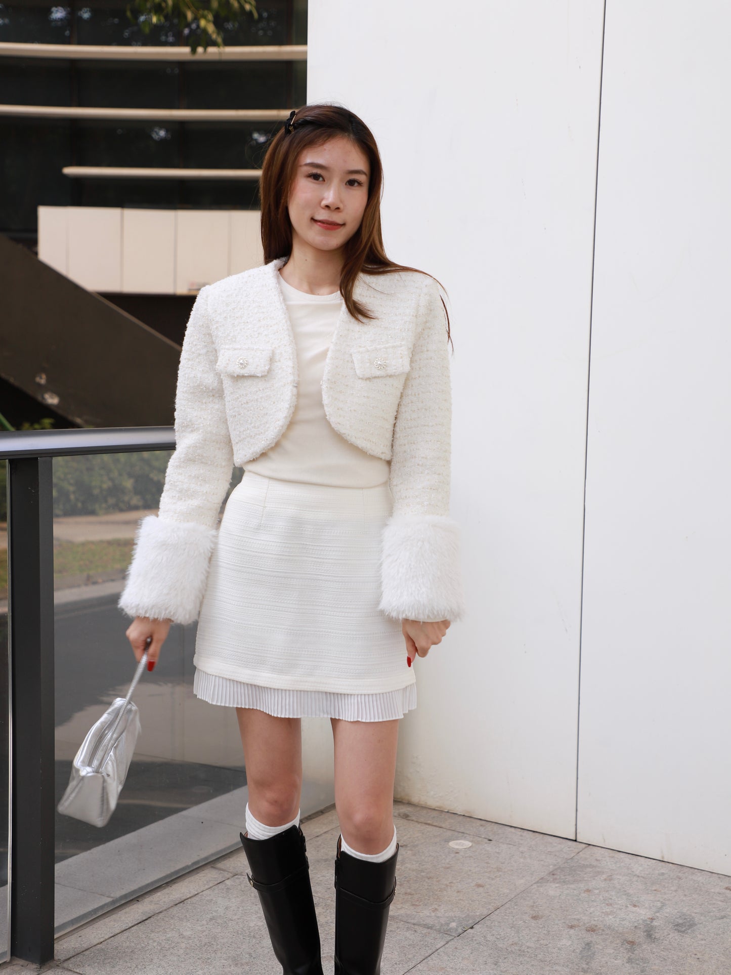 Fluffy Sleeves Cropped Tweed Jacket