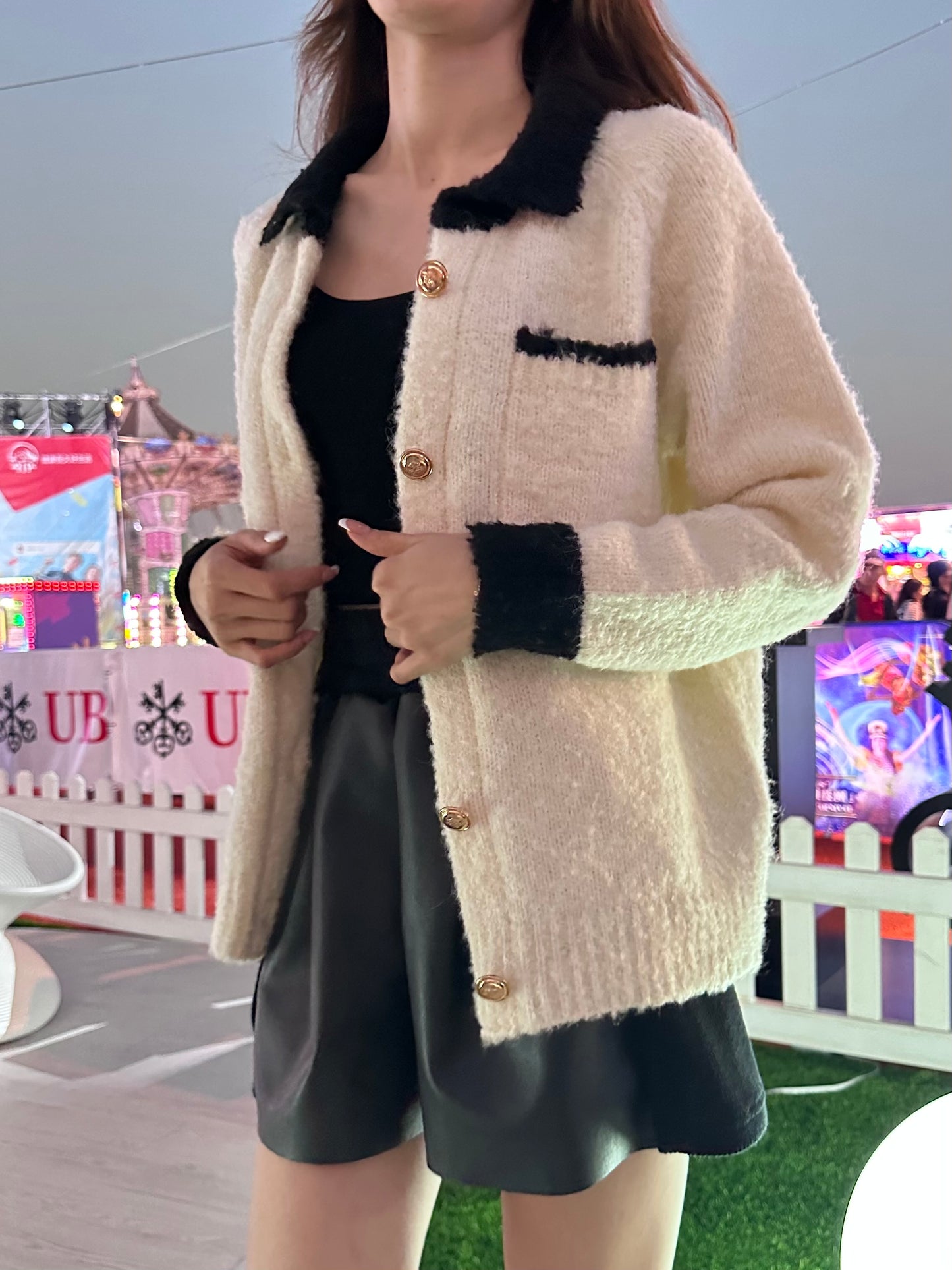 Collar Neck & Gold Button Oversized Cardigan