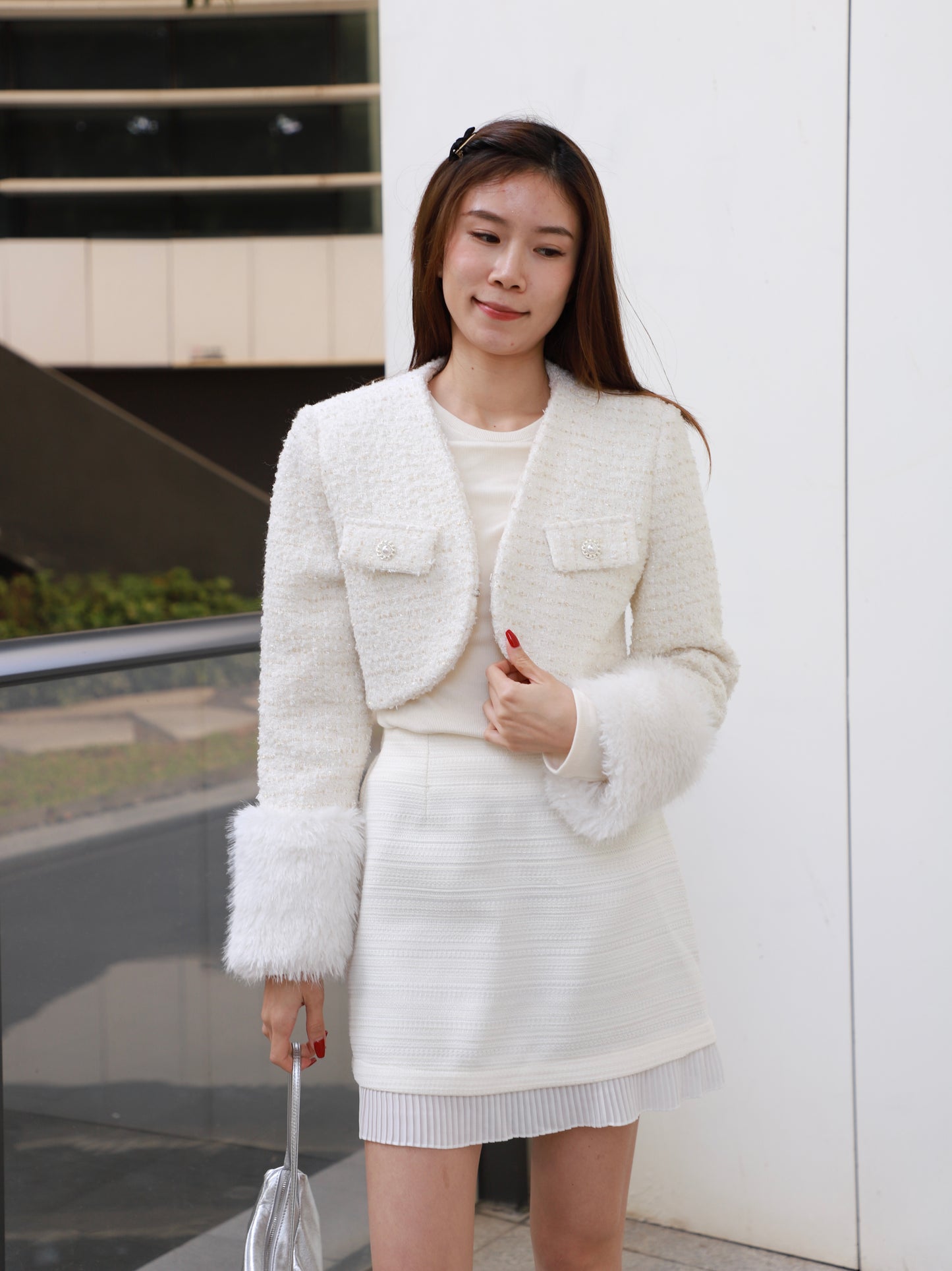 Fluffy Sleeves Cropped Tweed Jacket