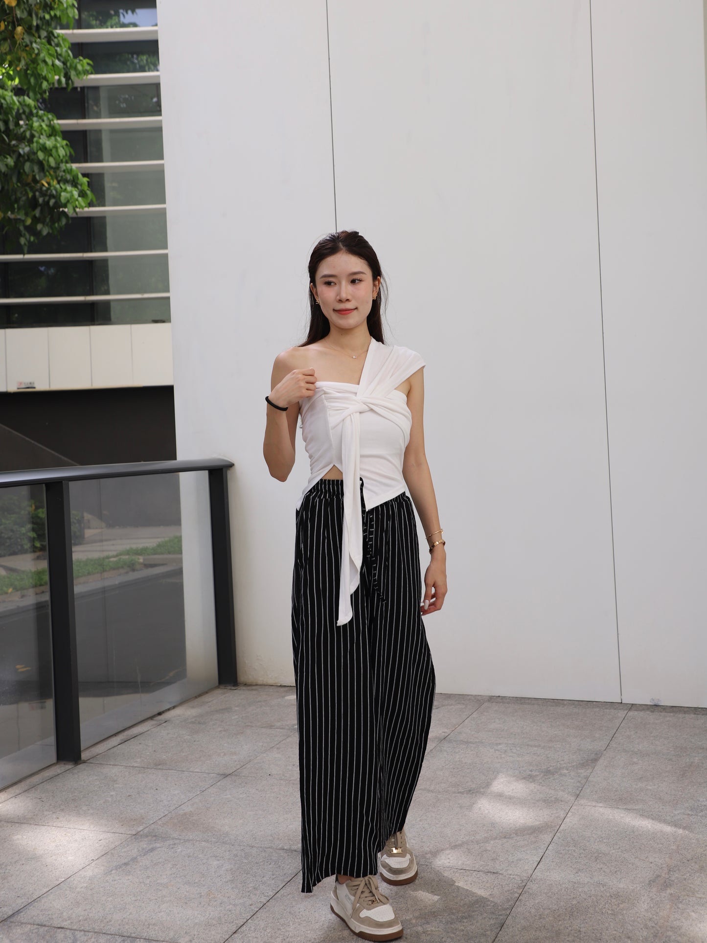 Ribbon Cross Shoulder Cotton T Top