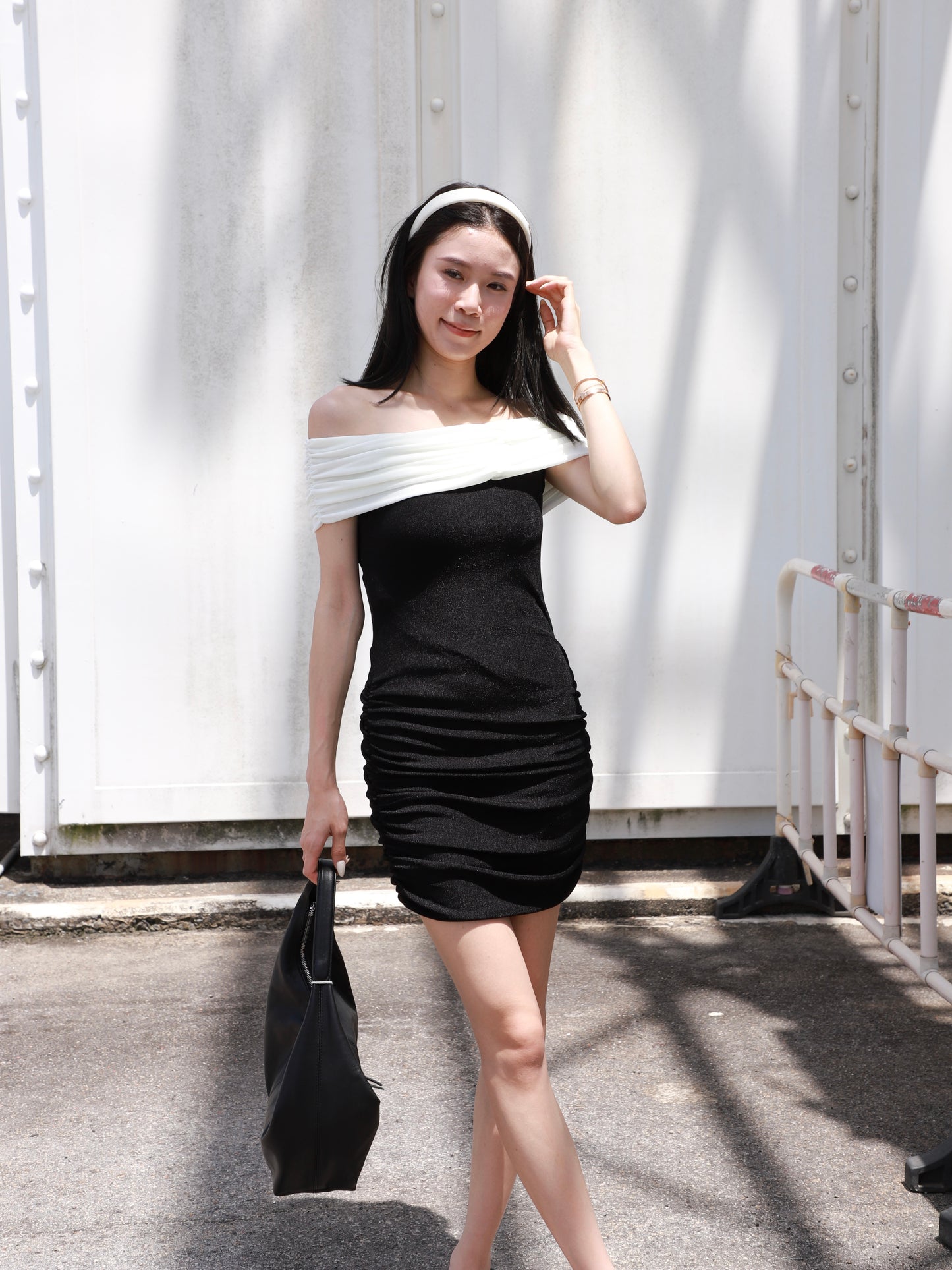 B&W Off Shoulder Mini Dress