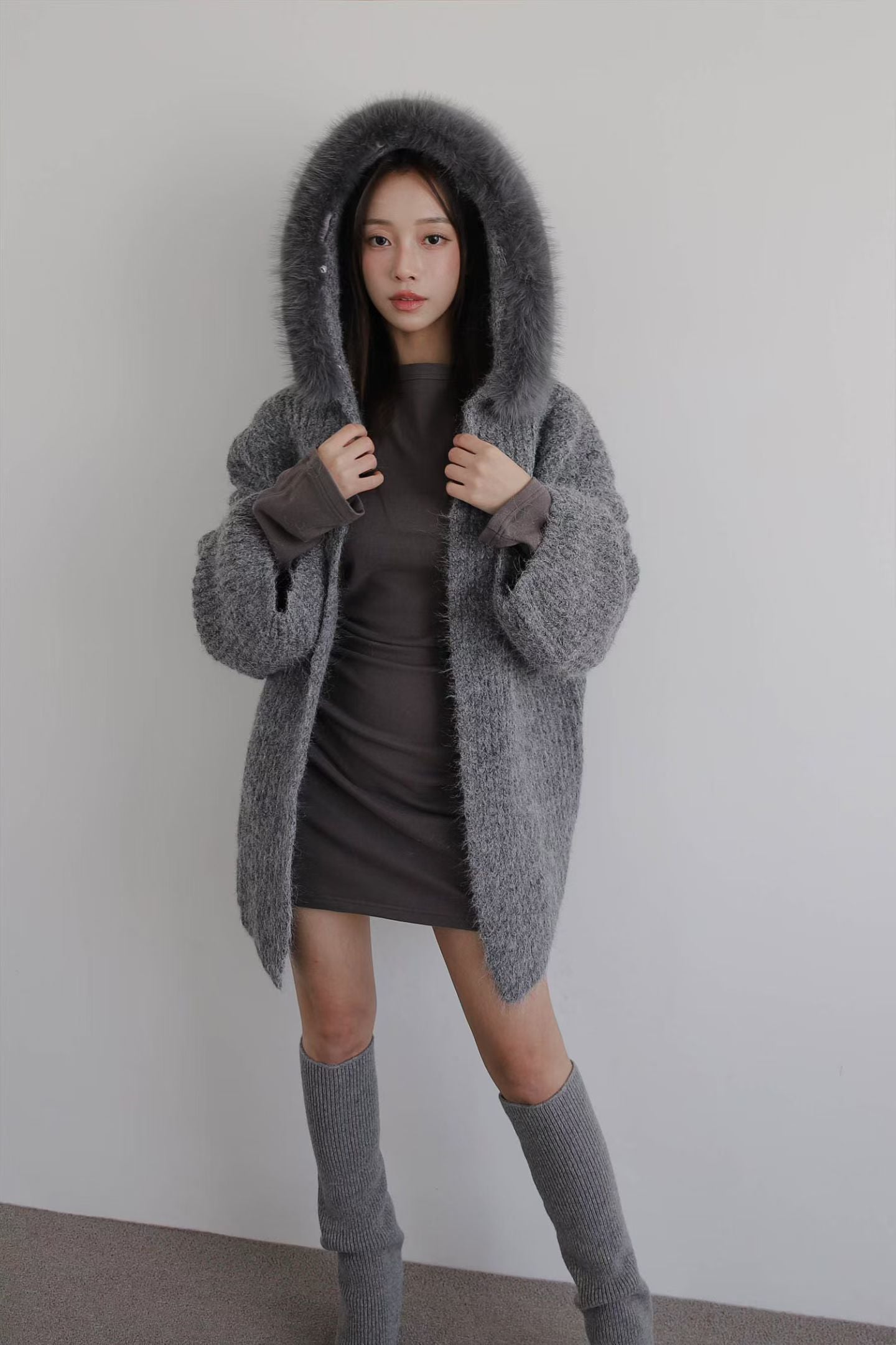 Fluffy Bear Removable Hat Cardigan