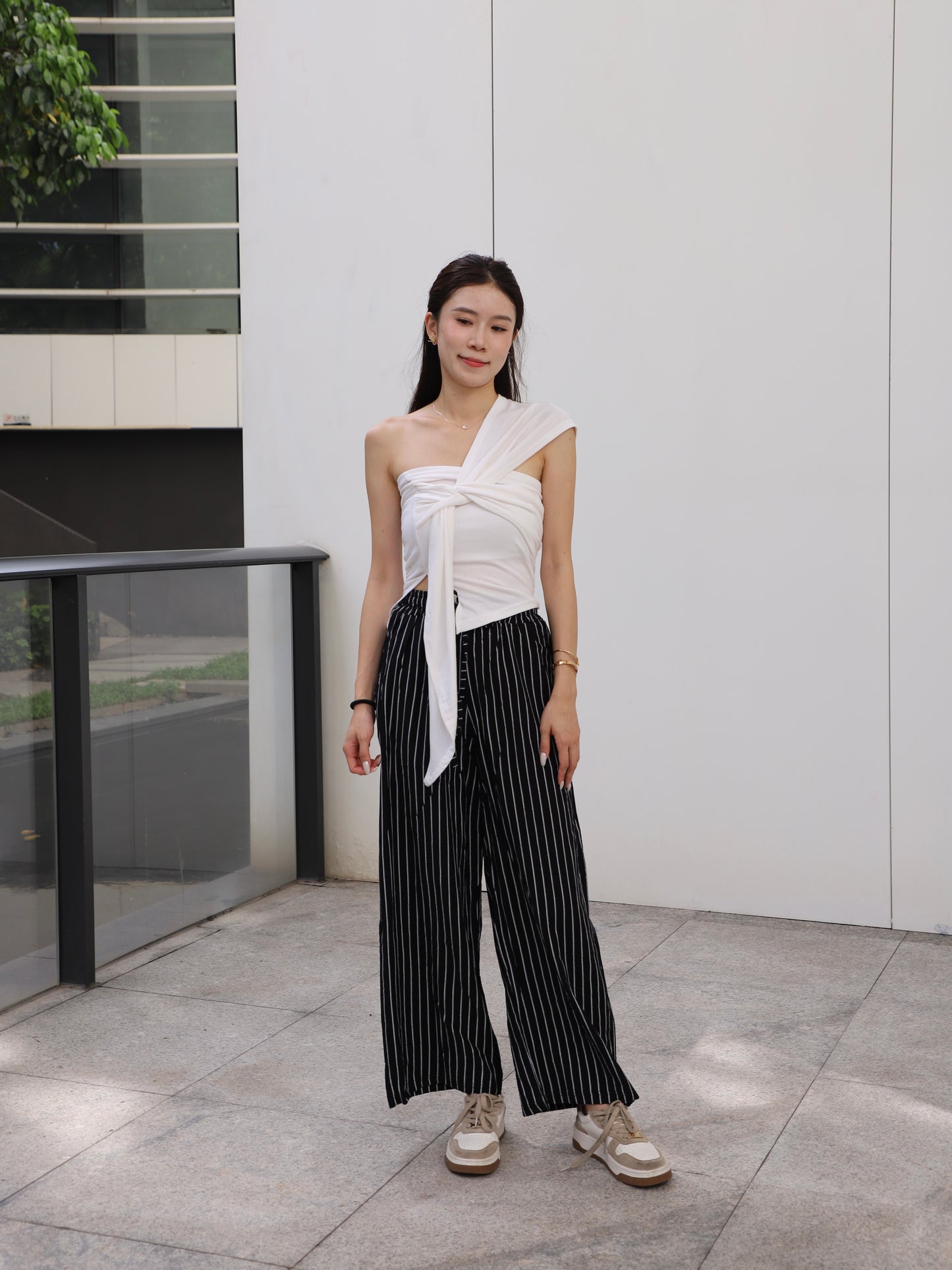 Ribbon Cross Shoulder Cotton T Top