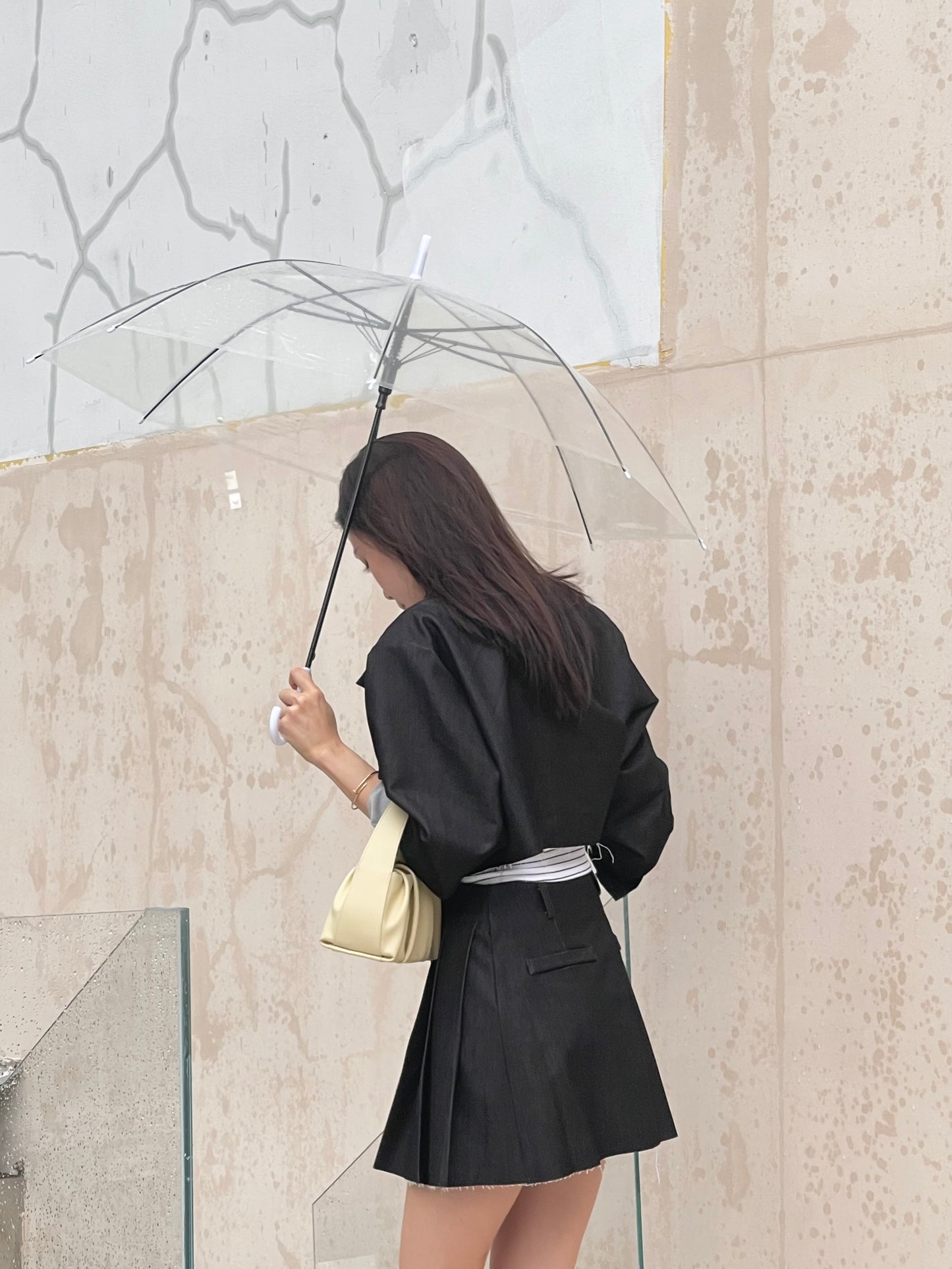 Denim Like Pleated Jacket & Skirt Set