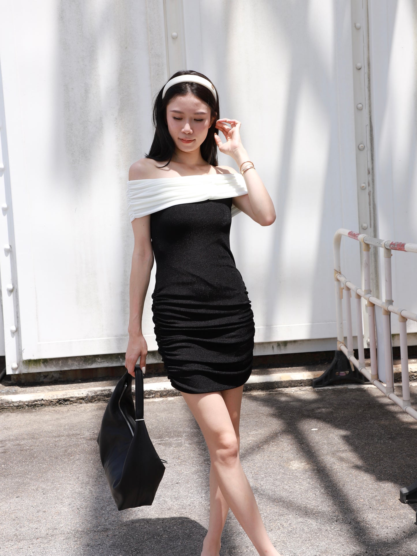 B&W Off Shoulder Mini Dress