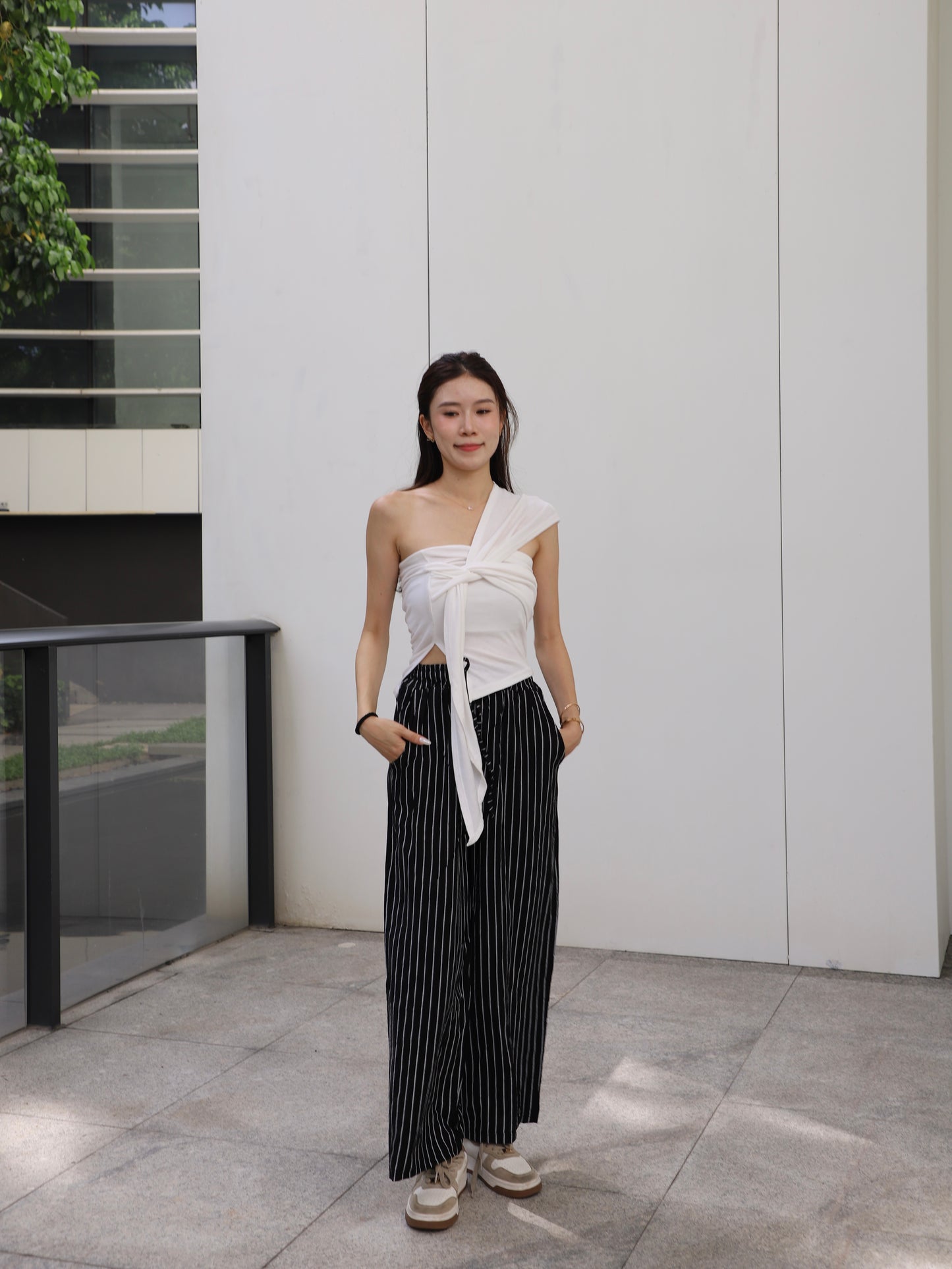 Ribbon Cross Shoulder Cotton T Top