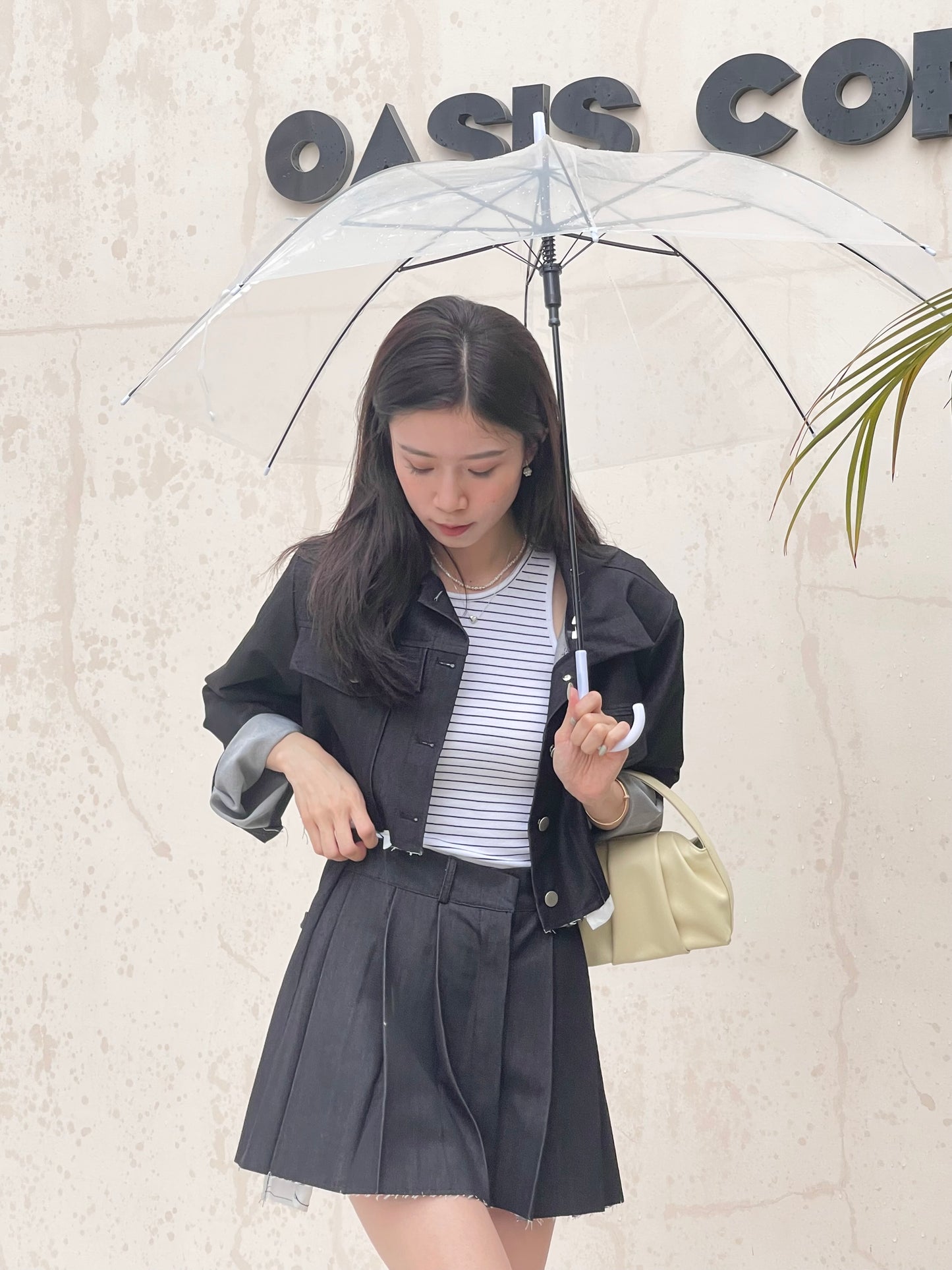 Denim Like Pleated Jacket & Skirt Set