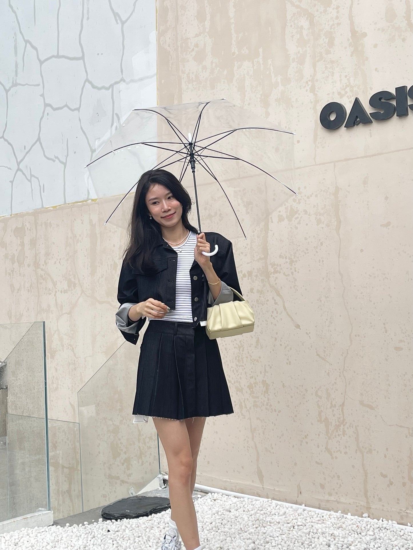 Denim Like Pleated Jacket & Skirt Set