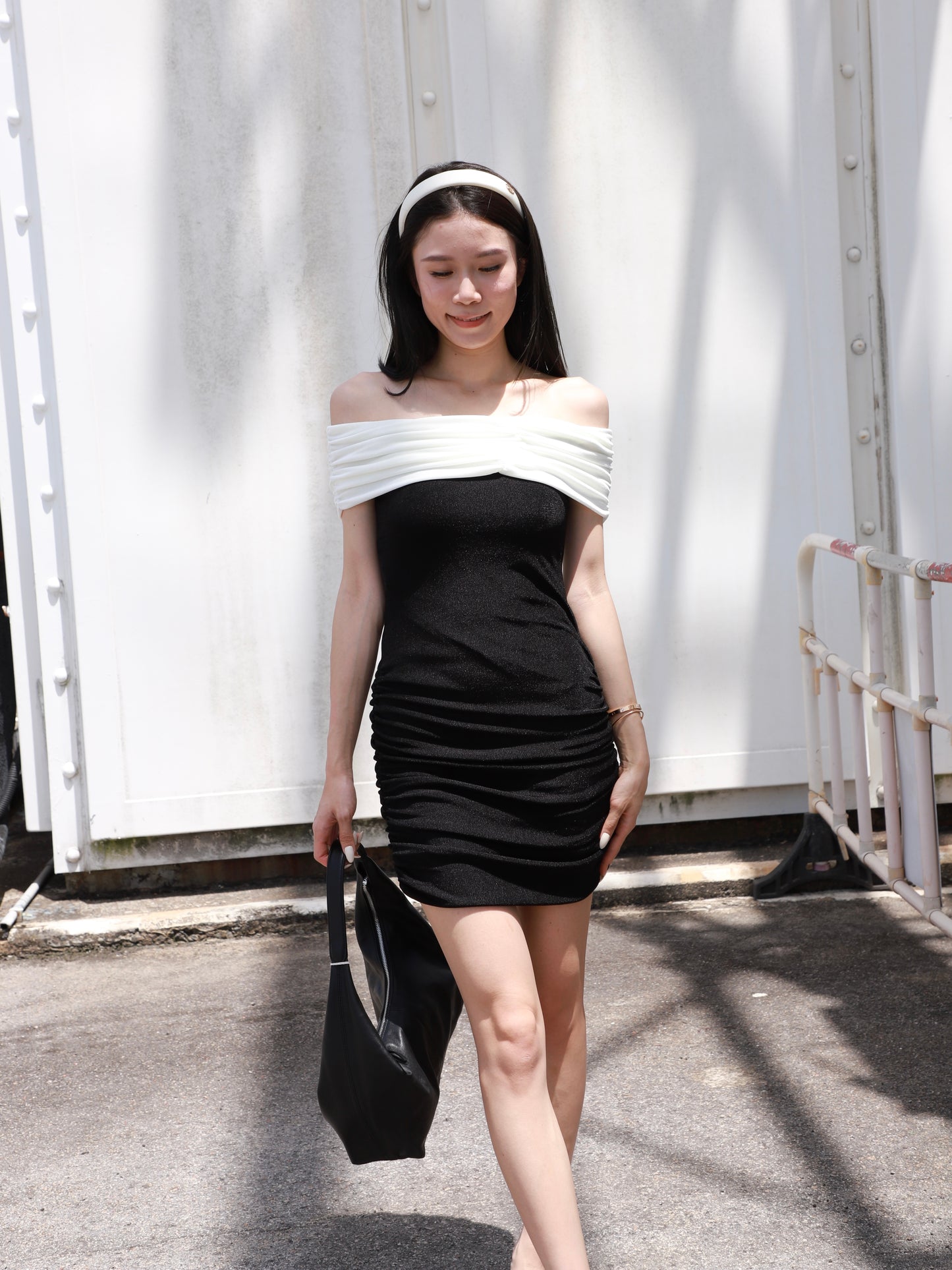 B&W Off Shoulder Mini Dress