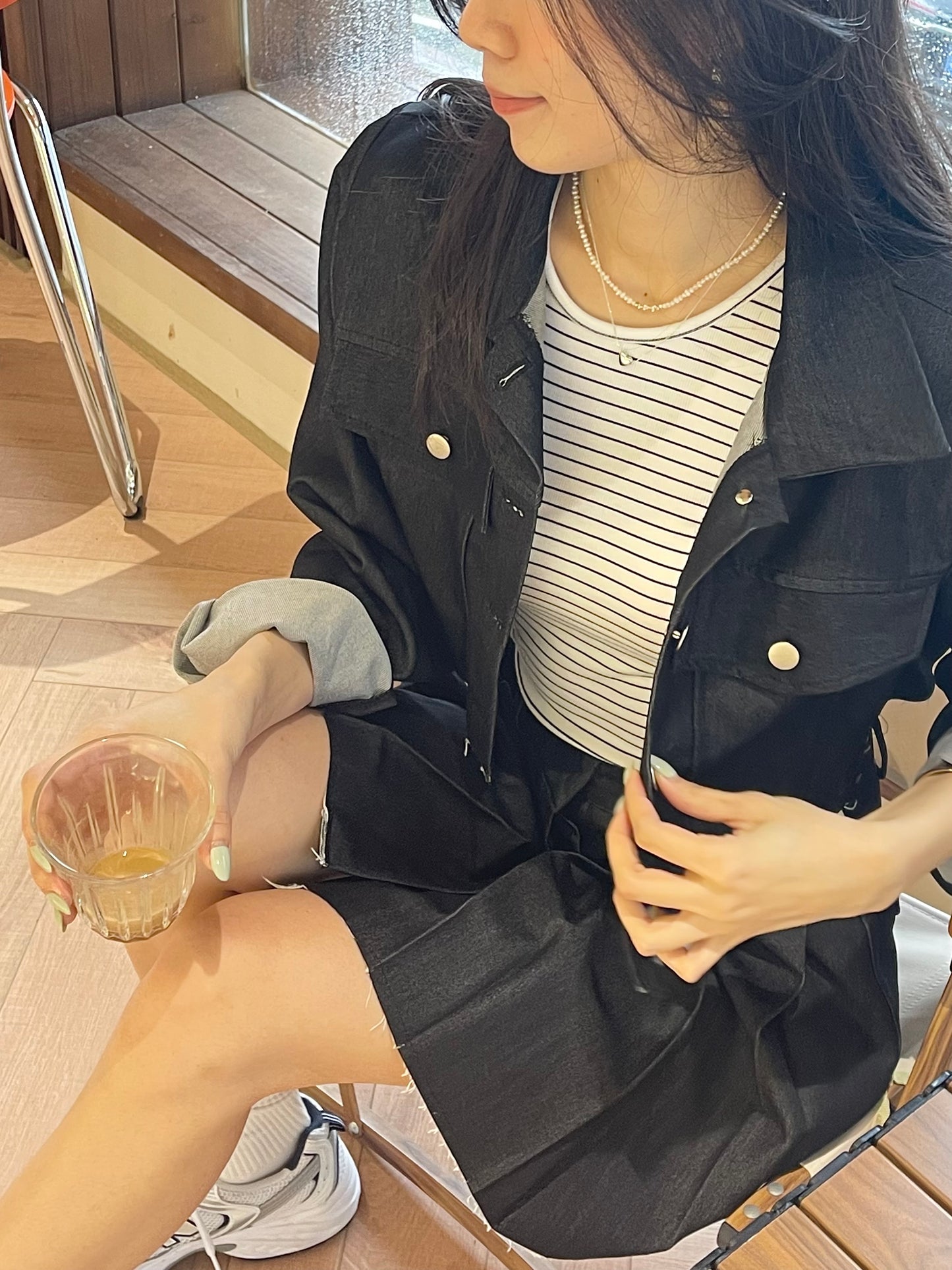 Denim Like Pleated Jacket & Skirt Set