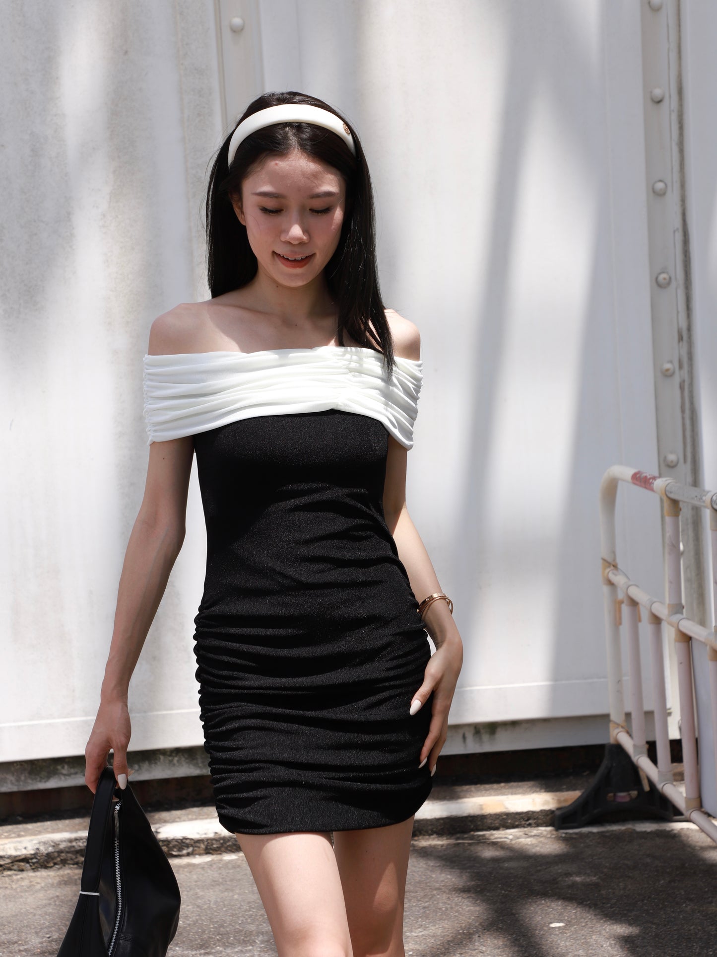 B&W Off Shoulder Mini Dress