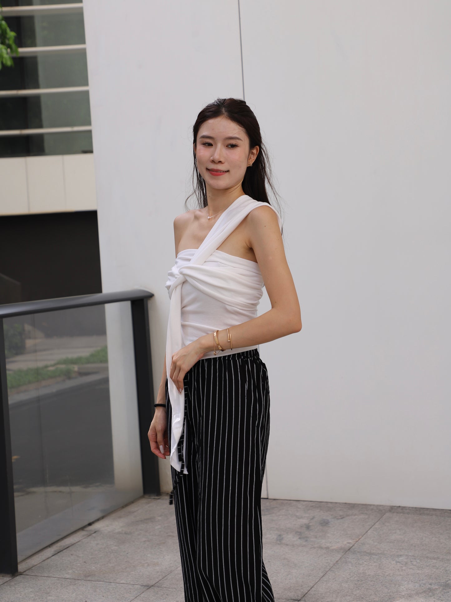 Ribbon Cross Shoulder Cotton T Top