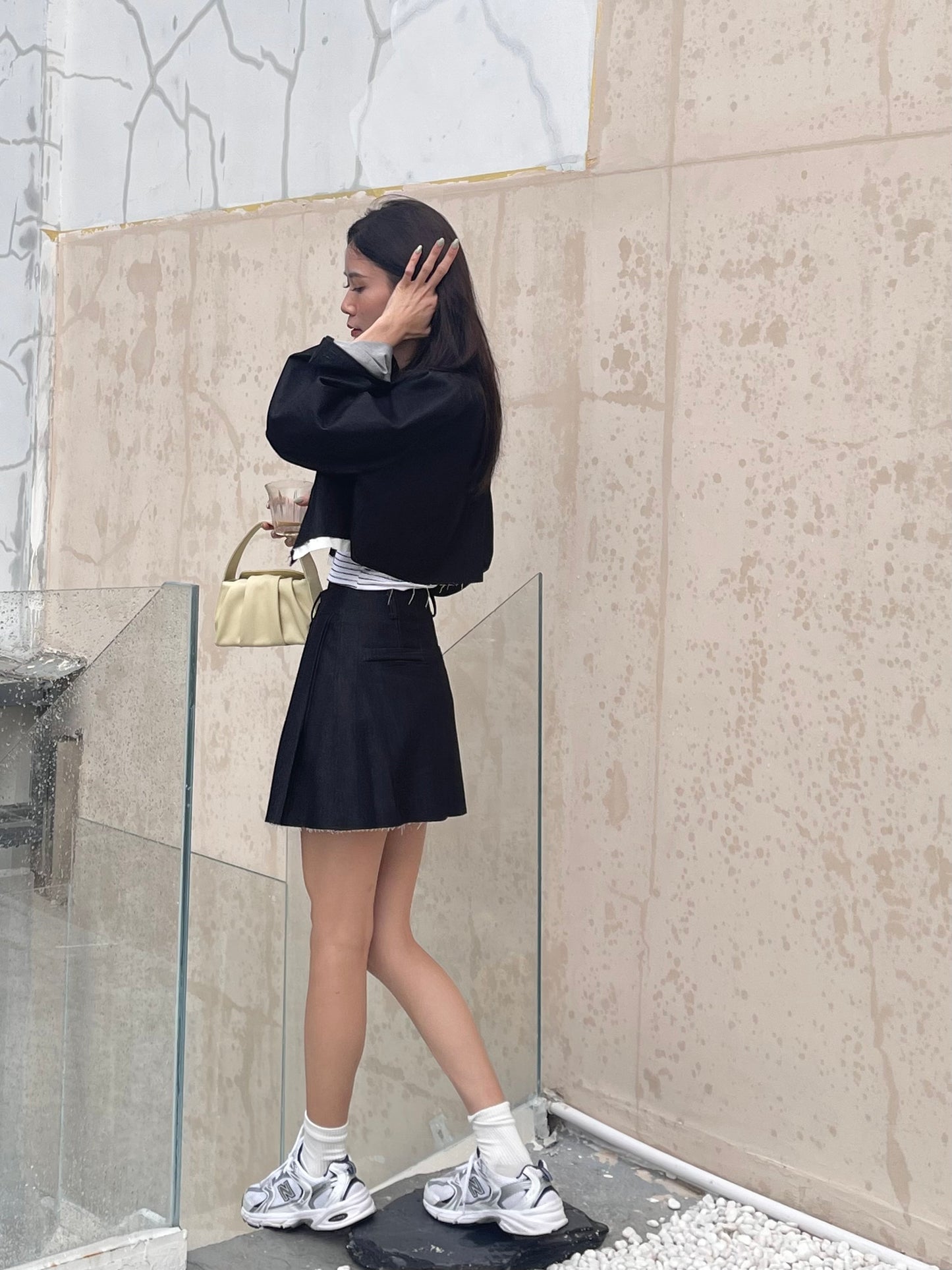 Denim Like Pleated Jacket & Skirt Set