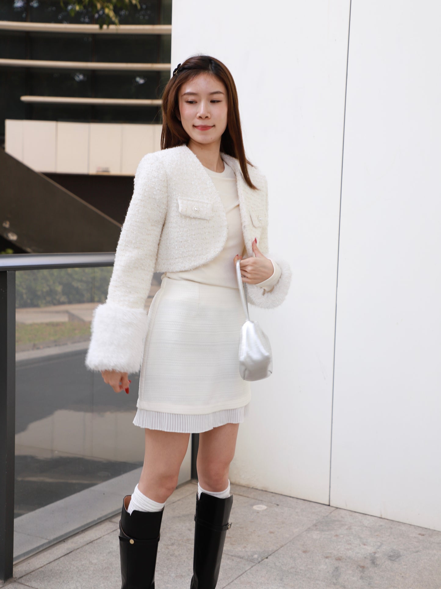 Fluffy Sleeves Cropped Tweed Jacket