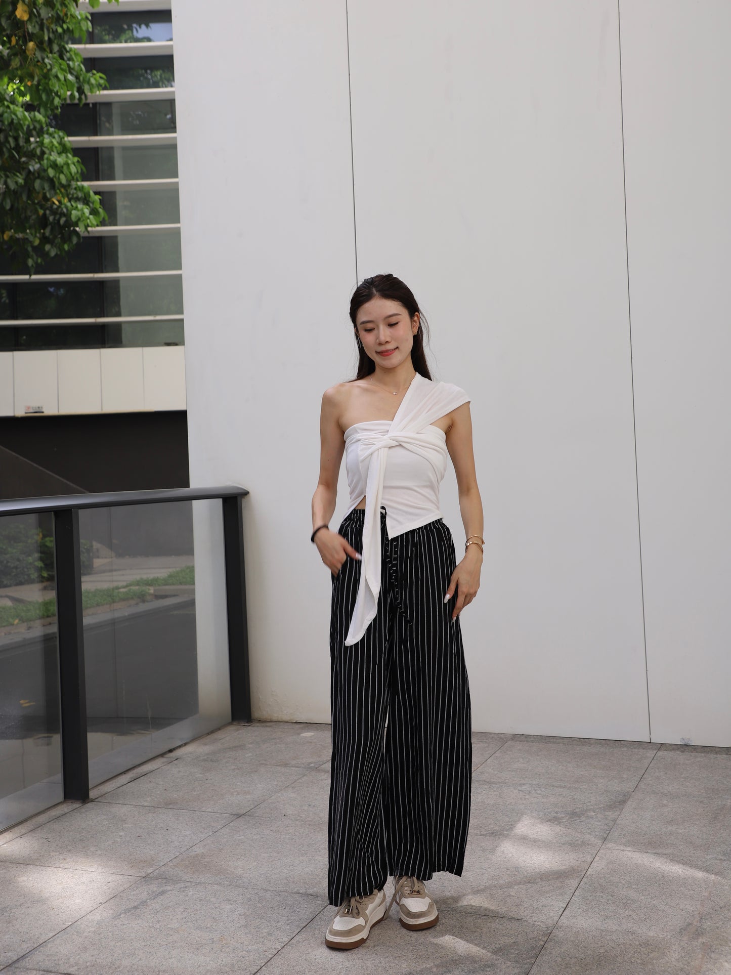 Ribbon Cross Shoulder Cotton T Top