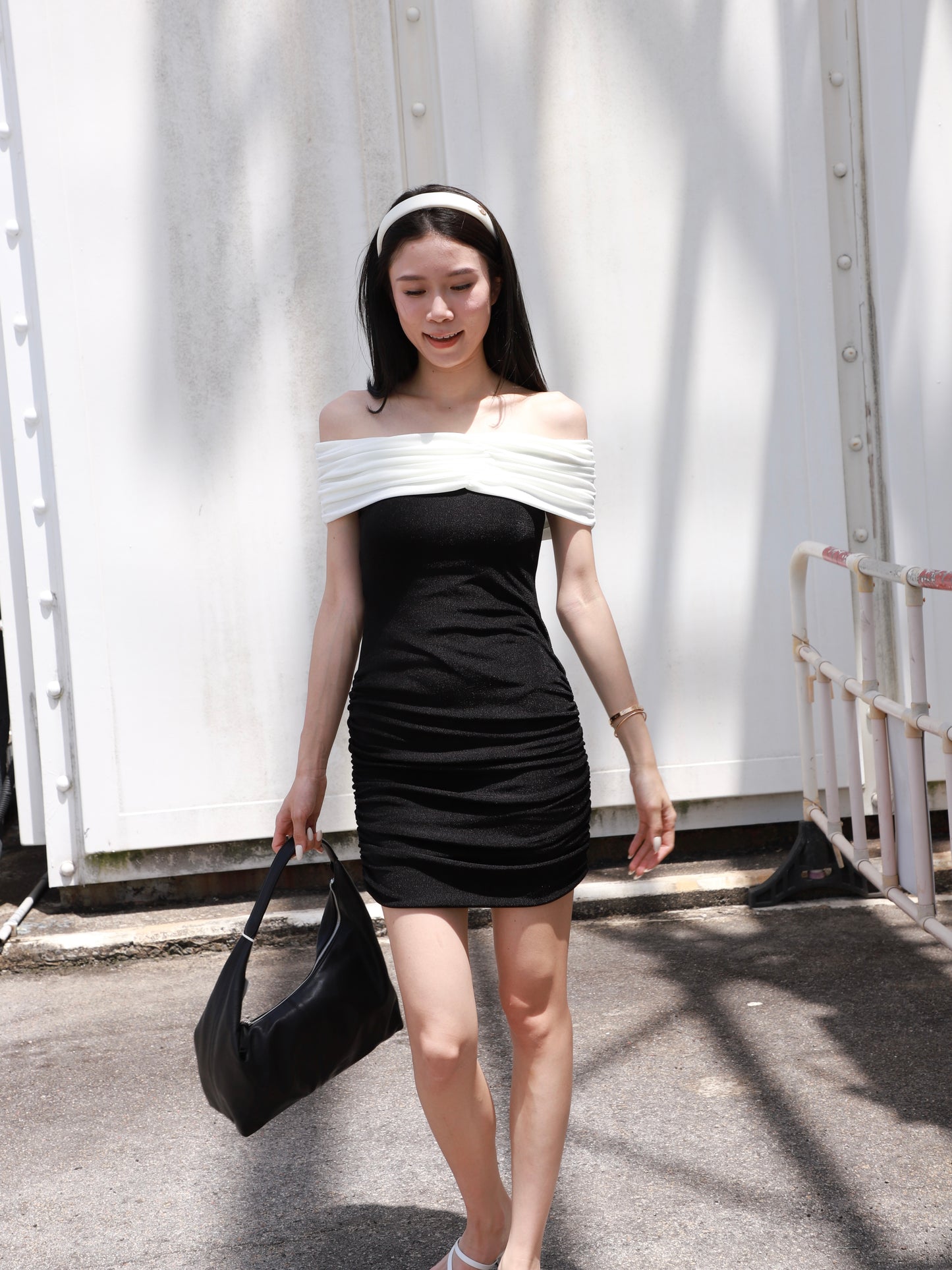 B&W Off Shoulder Mini Dress