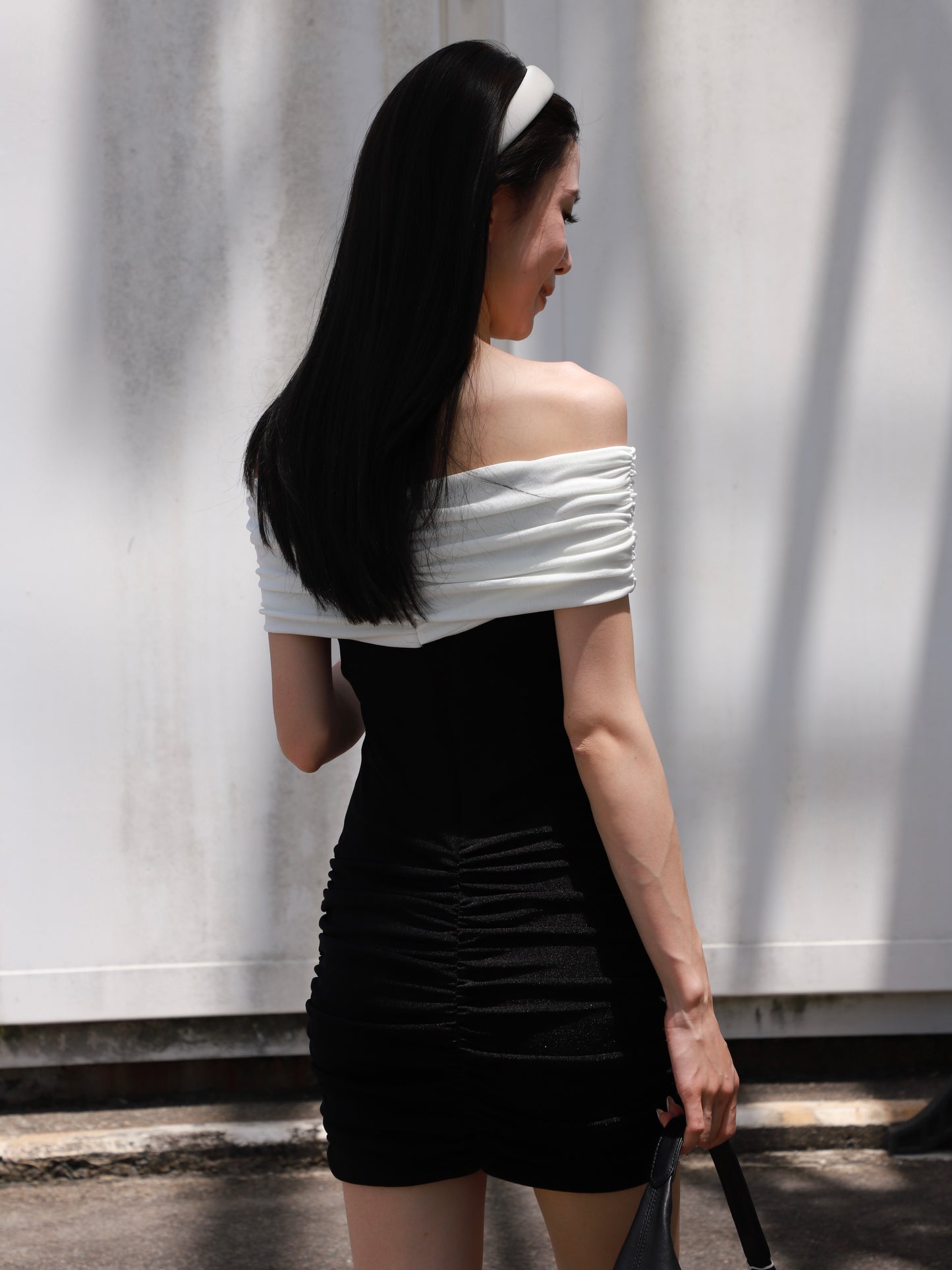 B&W Off Shoulder Mini Dress