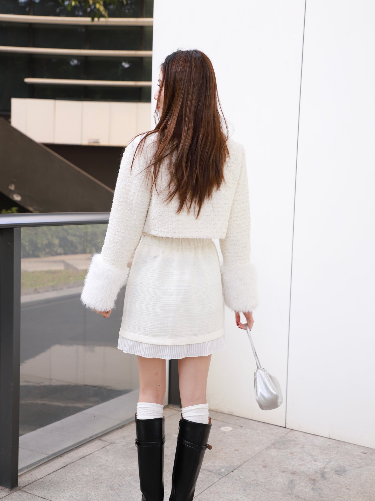 Fluffy Sleeves Cropped Tweed Jacket