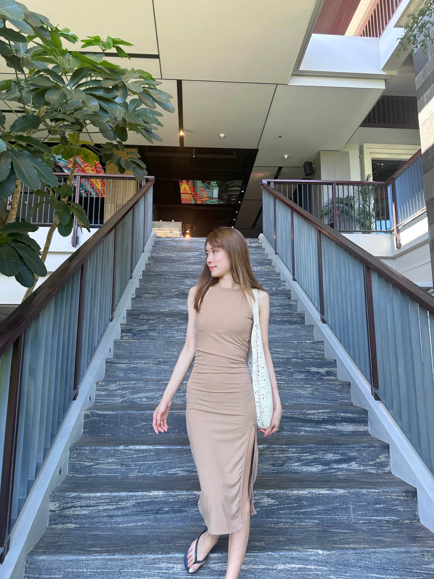 (ashchic made) Crewneck Slit Maxi Dress