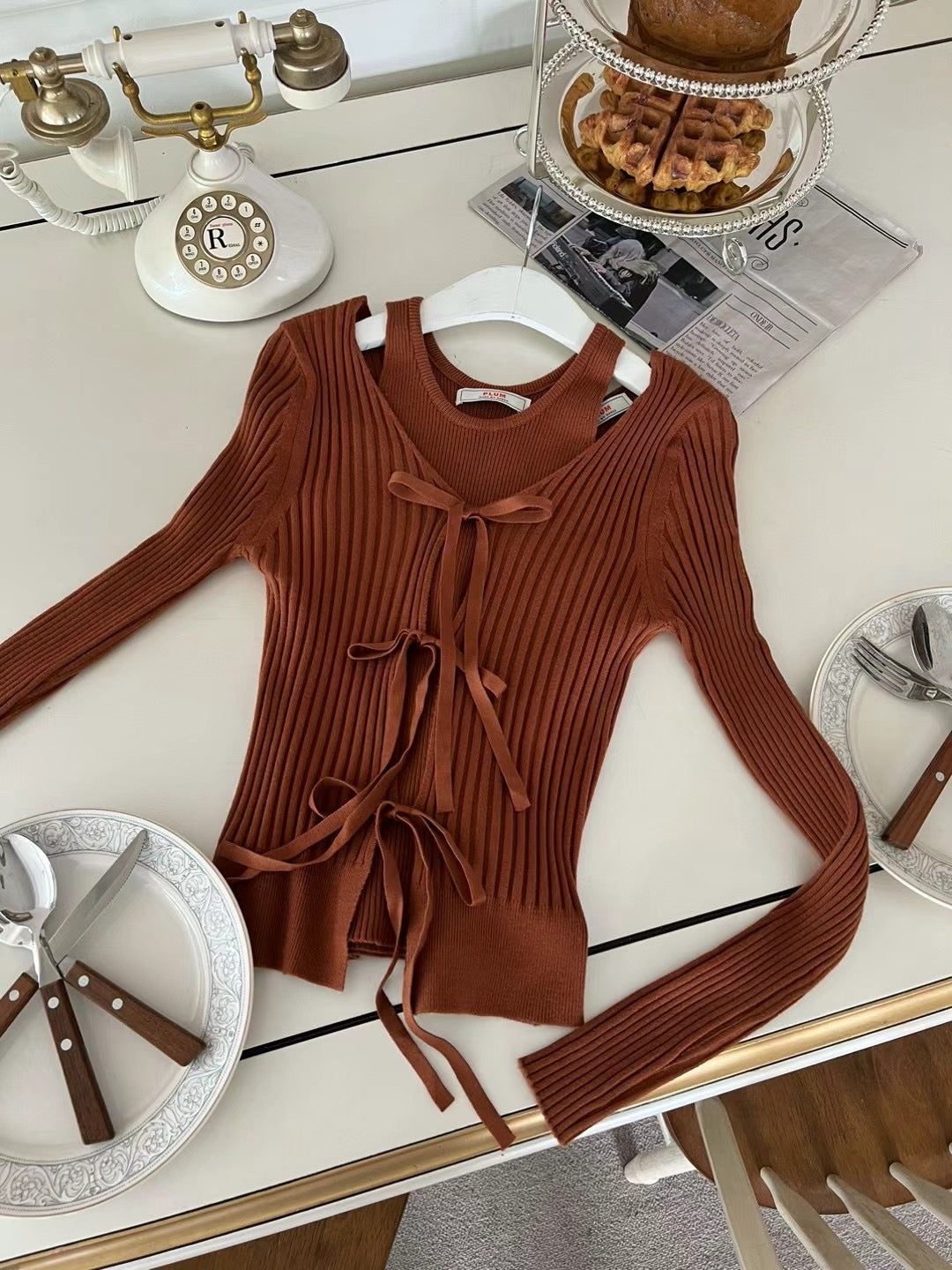 Ribbon Tied Long Sleeves & Tank Top Set