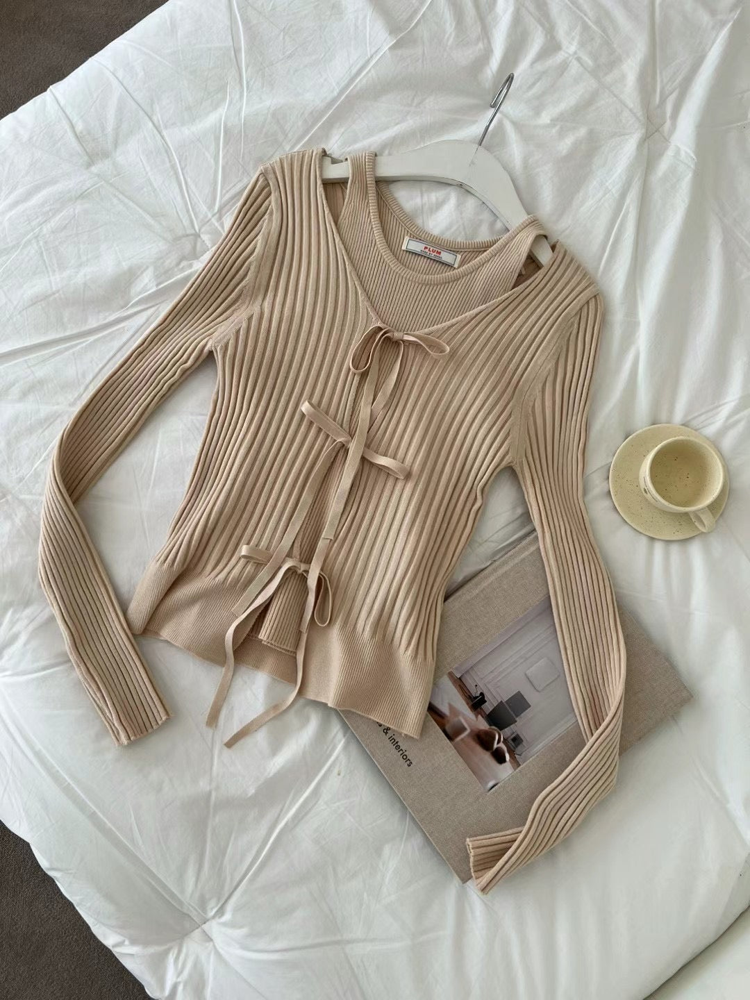 Ribbon Tied Long Sleeves & Tank Top Set