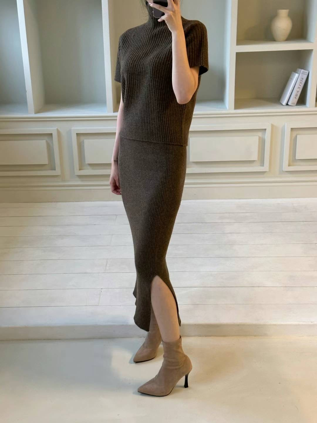 Turtle Neck Wool Knitted Top & Skirt Set