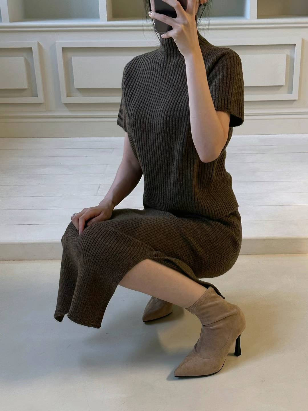 Turtle Neck Wool Knitted Top & Skirt Set