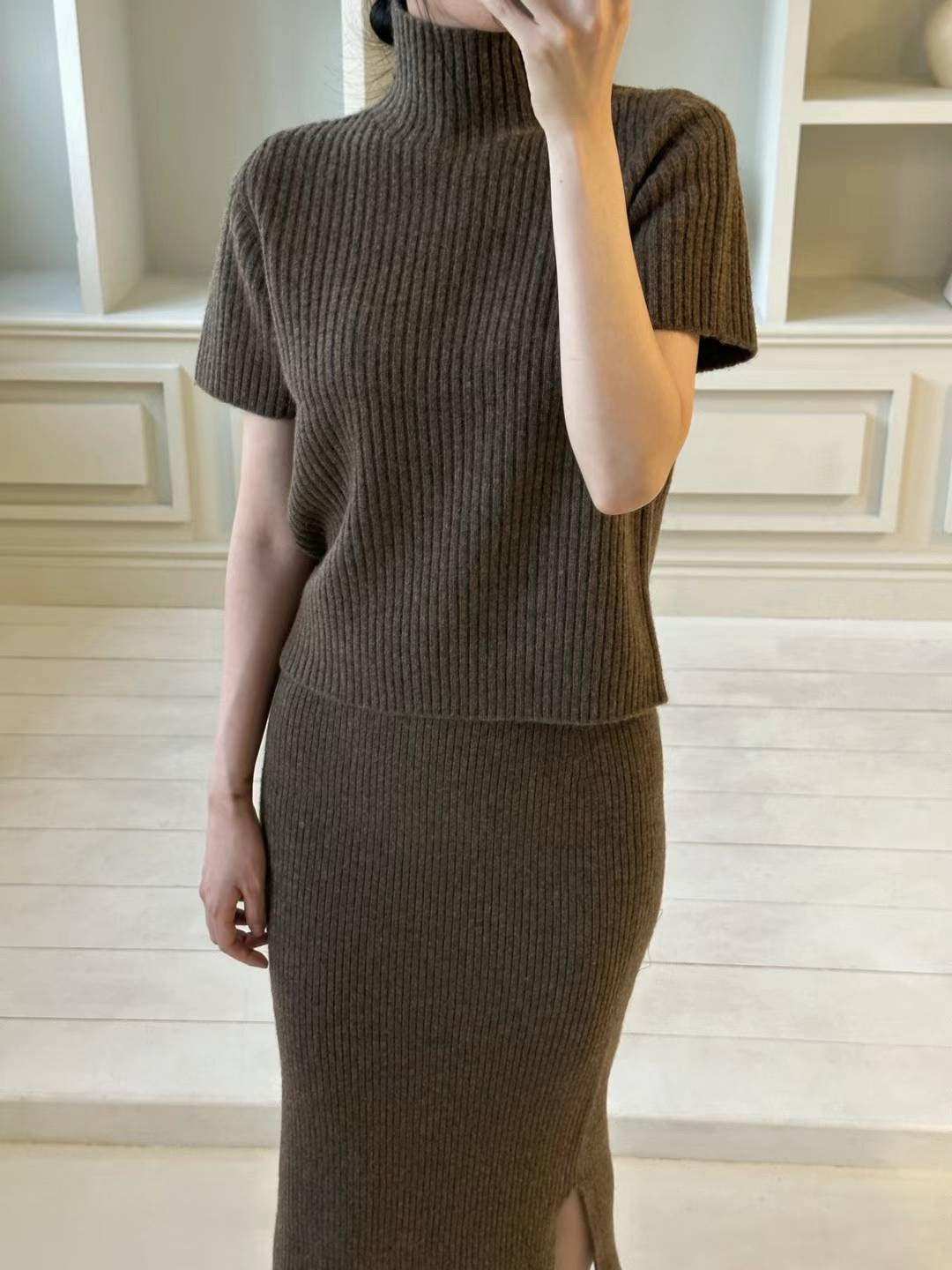 Turtle Neck Wool Knitted Top & Skirt Set