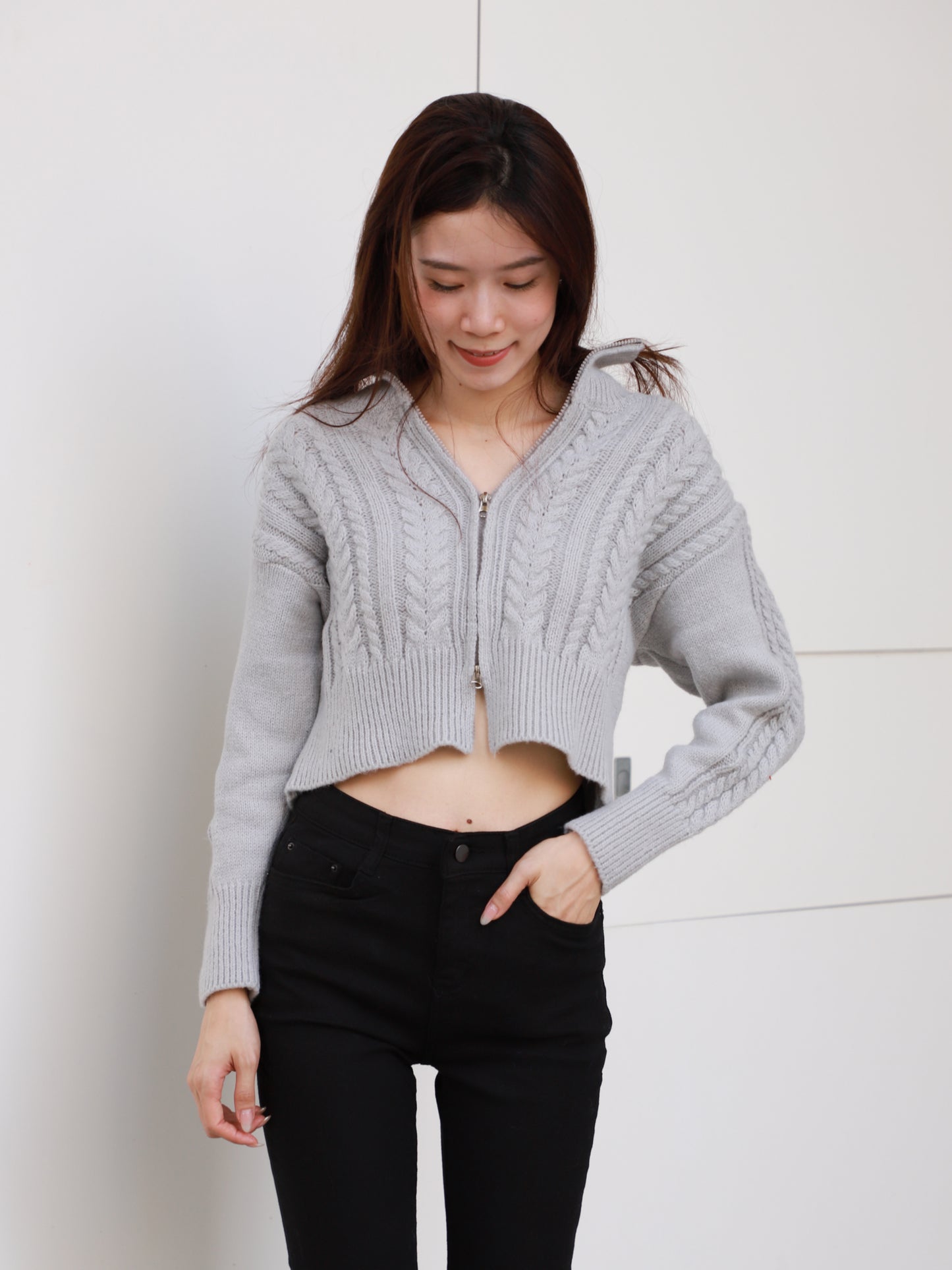 Zip Up Twisted Long Sleeves Sweater