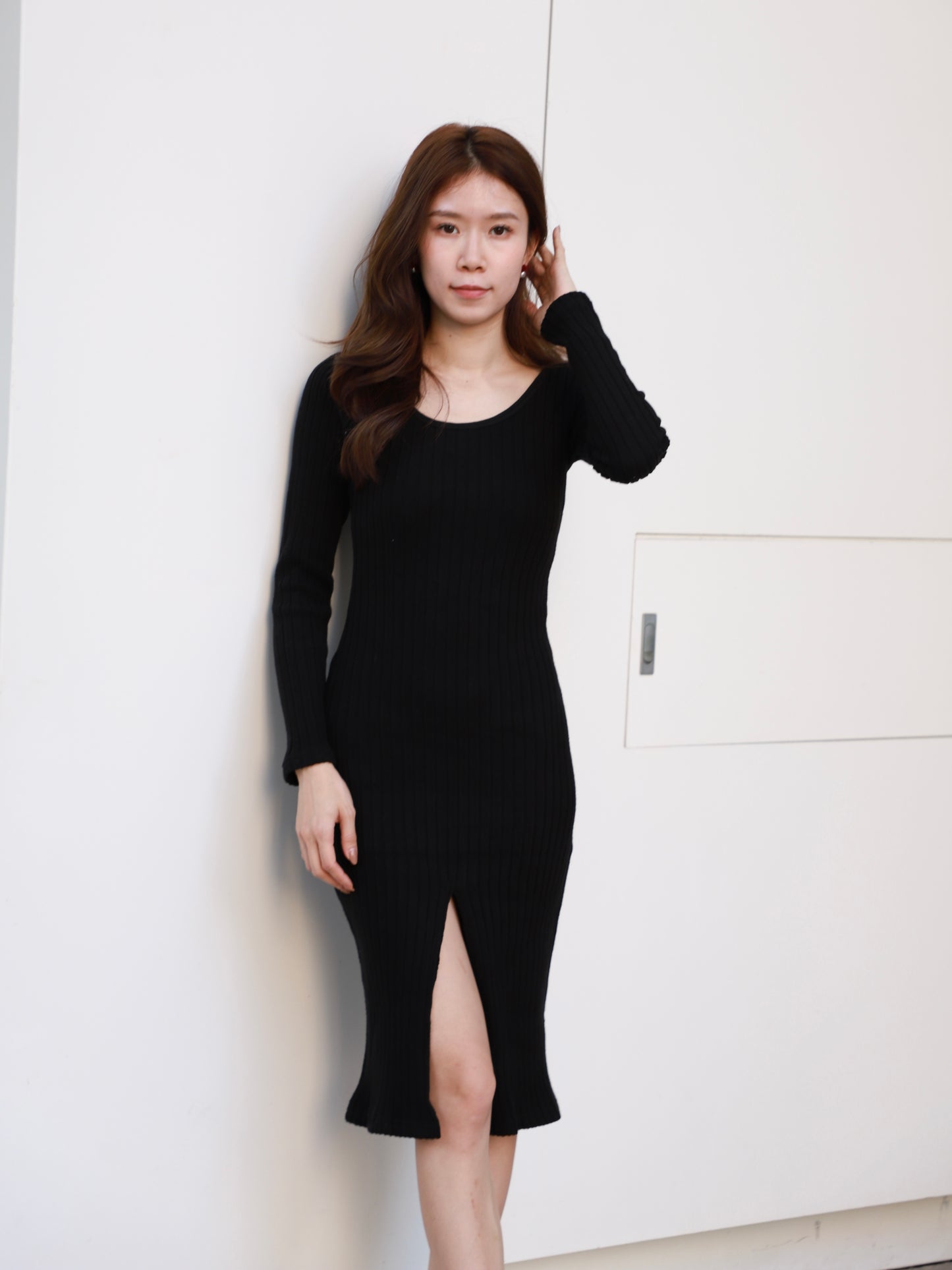 Knitted Slit Long Sleeves Maxi Dress
