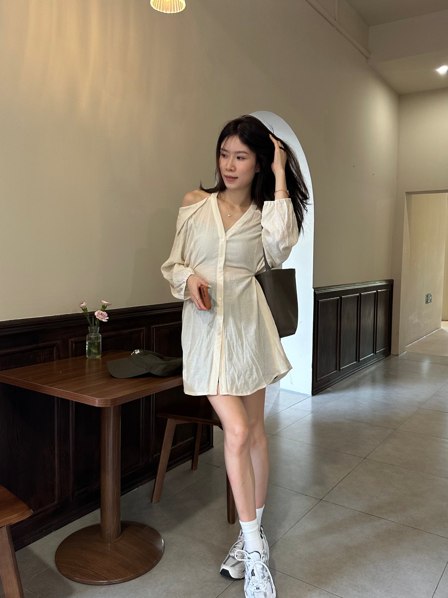 Collar Neck & Holes Shirt Mini Dress