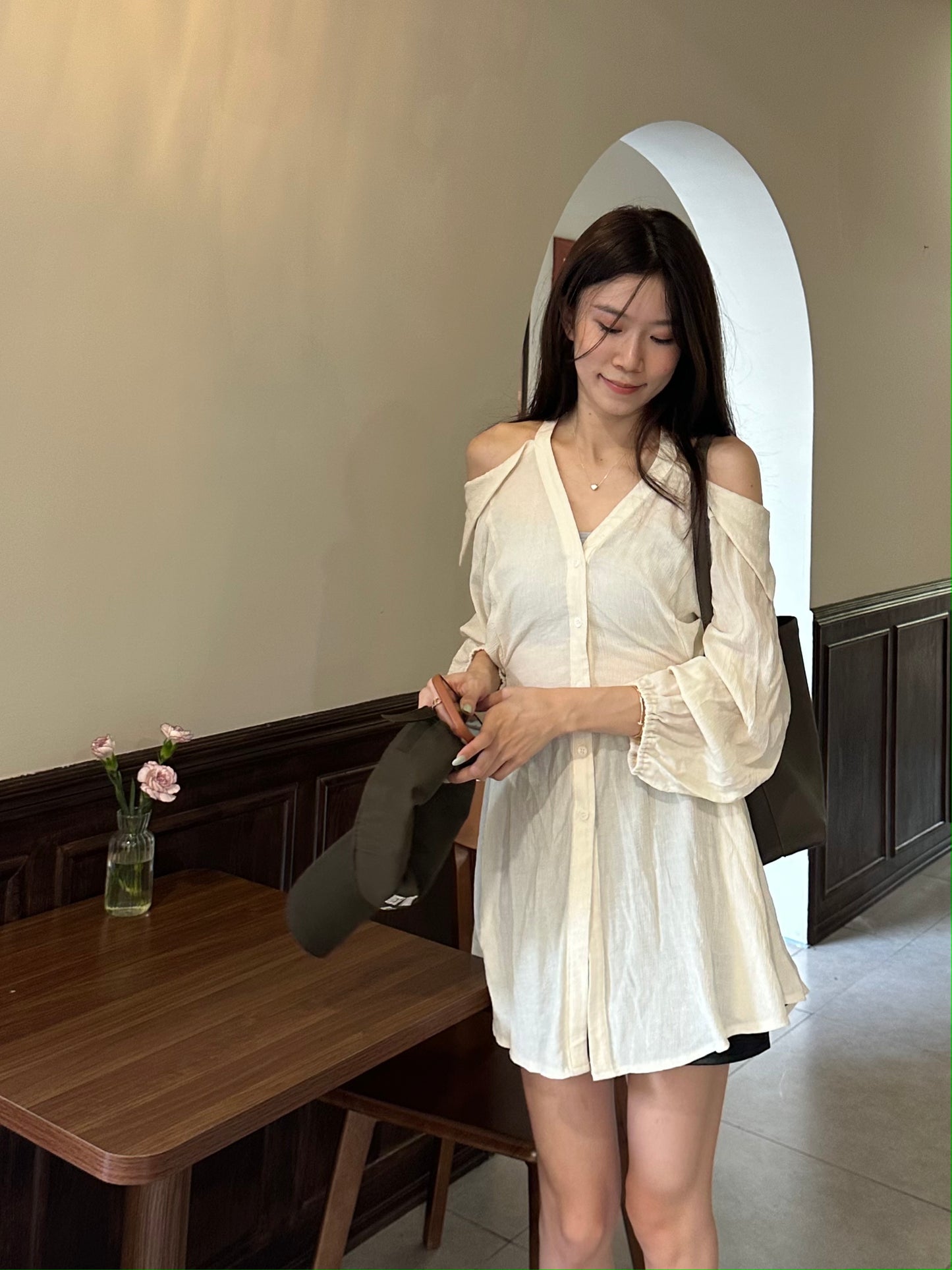 Collar Neck & Holes Shirt Mini Dress